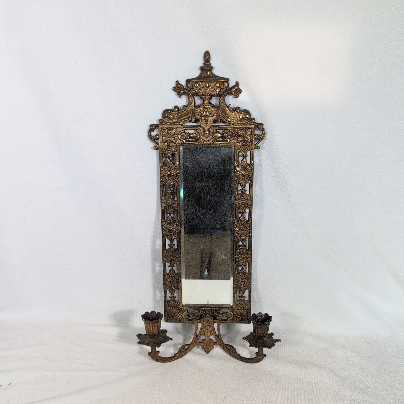 Antique Bradley & Hubbard Brass Beveled Mirror 2 Candle Wall Sconce