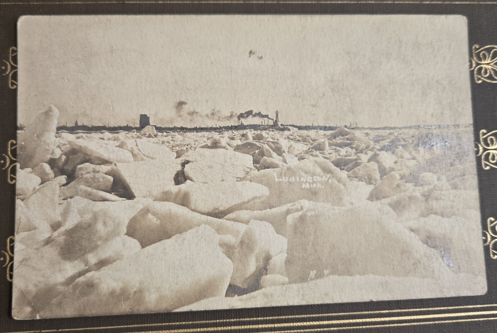 Very Early Real Photo Postcard RPPC Michigan Ludington MI Winter Ice Jam 127