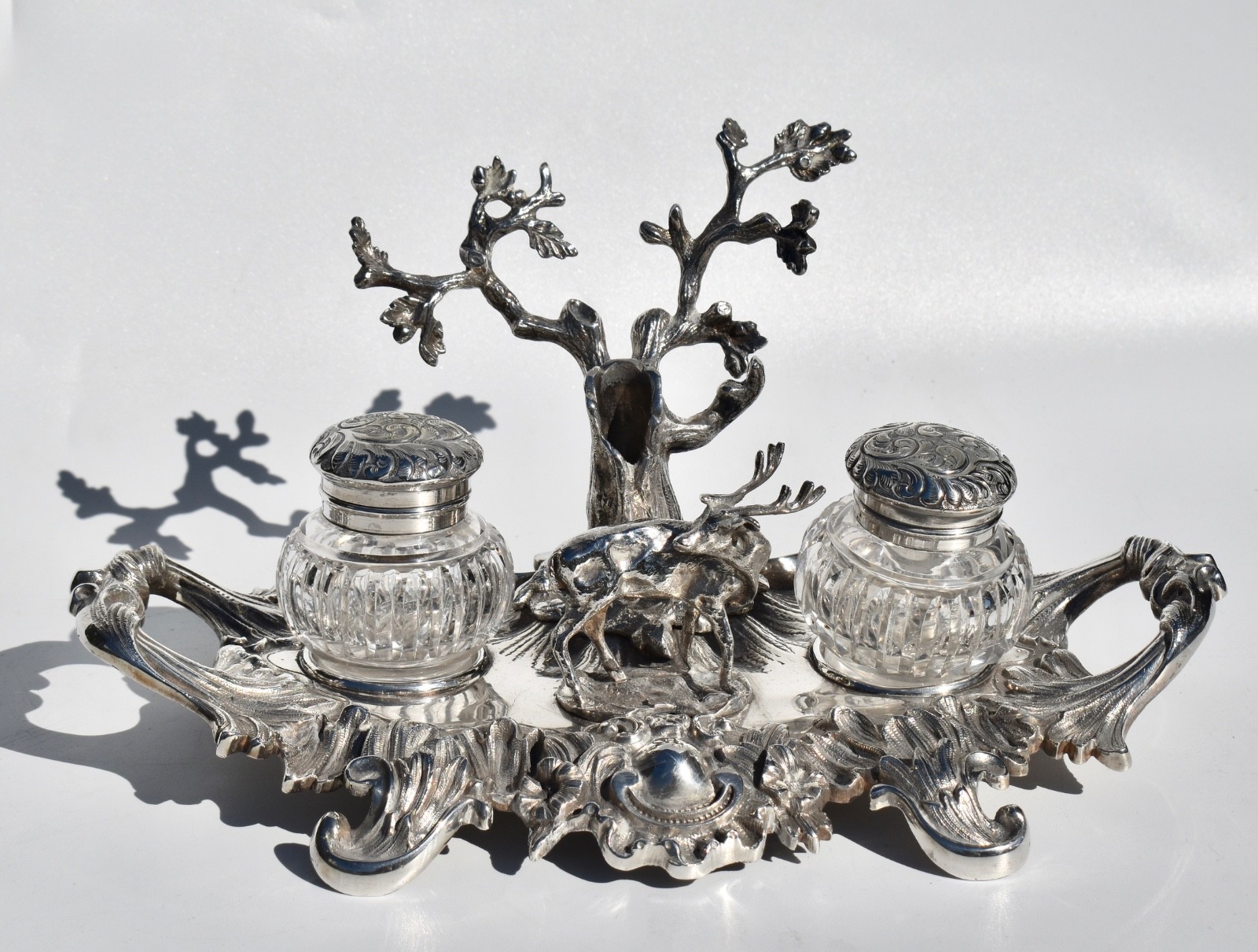 Impressive Figural Antique Silver Plate & Cut Crystal Desk Stand, Double Inkwell