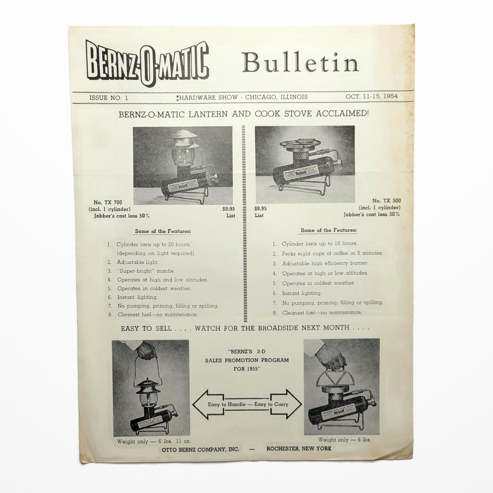 Vintage 1954 Bernz-O-Matic Propane Lantern & Cook Stove Trade Ad Bulletin No 1
