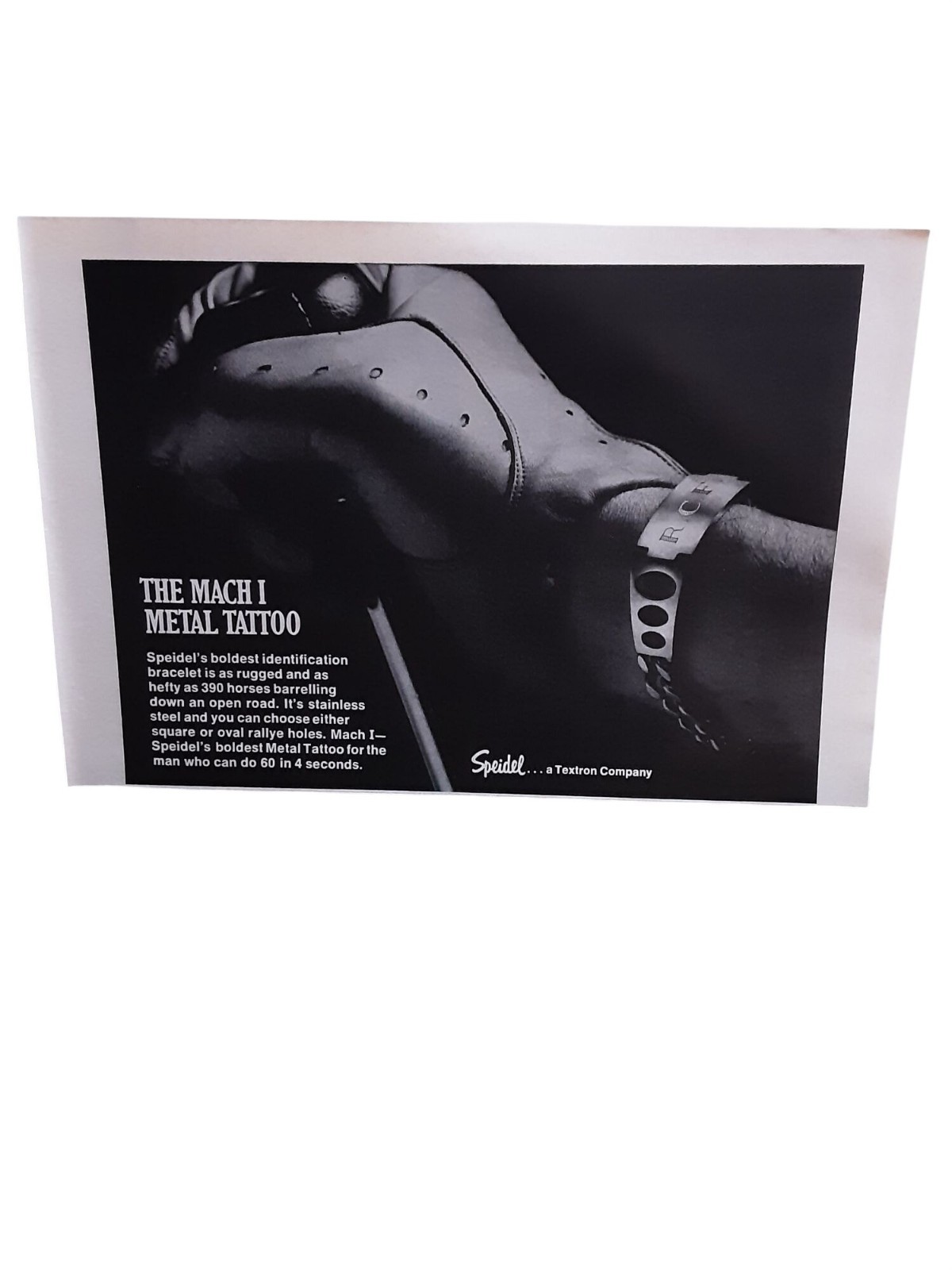 1971 Speidel Mach I Metal Tattoo ID Bracelet Vintage Jewelry Print Ad