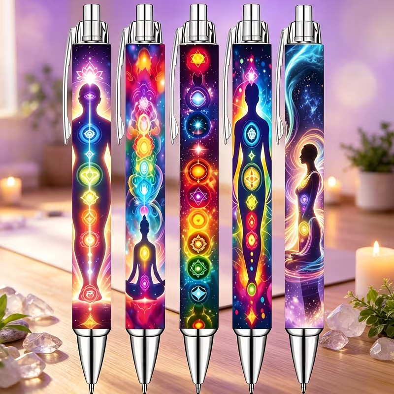 Set of 5 Rainbow Chakra Energy Printed Ballpoint Pens