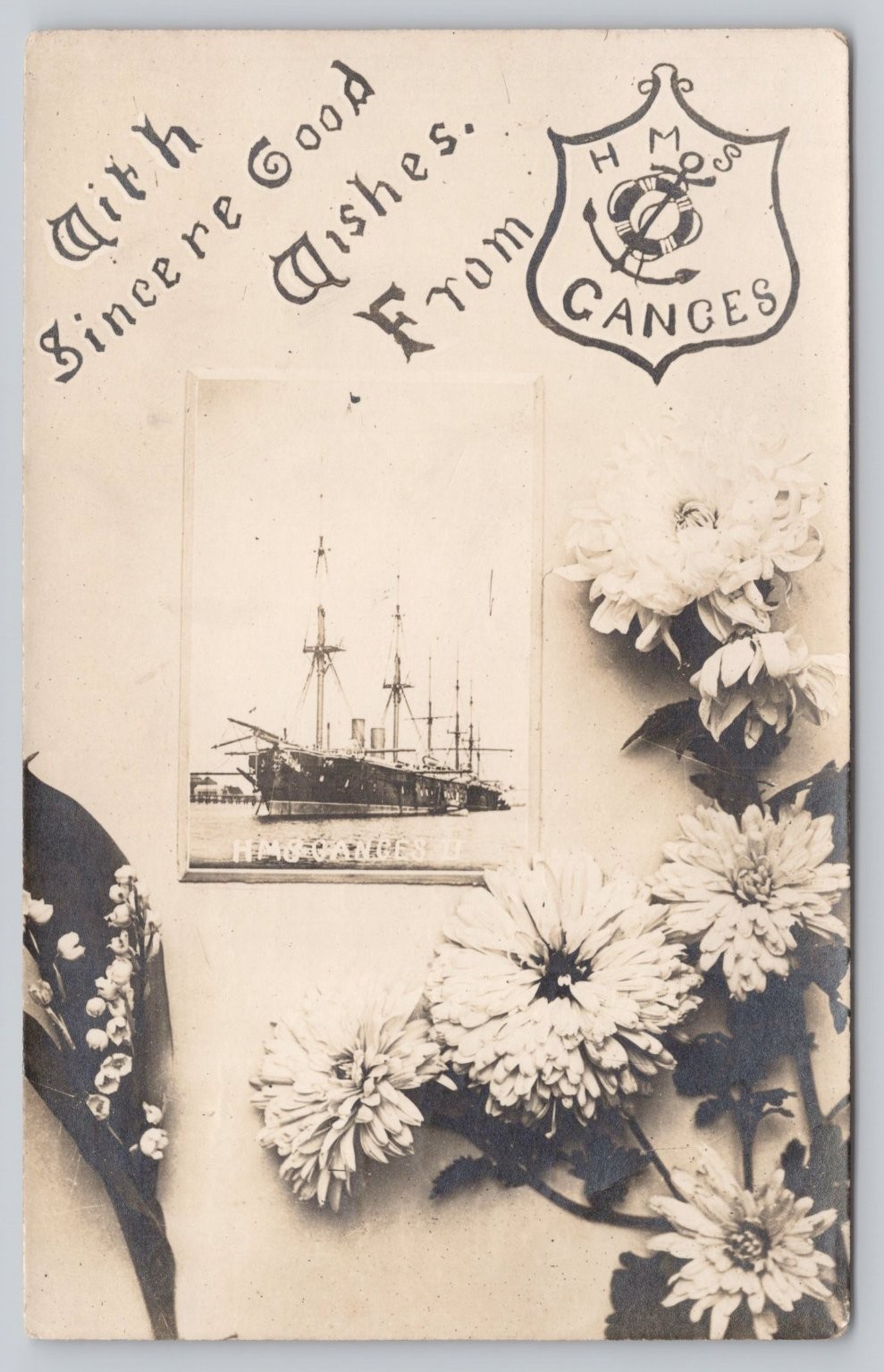 Vintage RPPC HMS Ganges Naval Ship & Flowers Postcard With Wishes