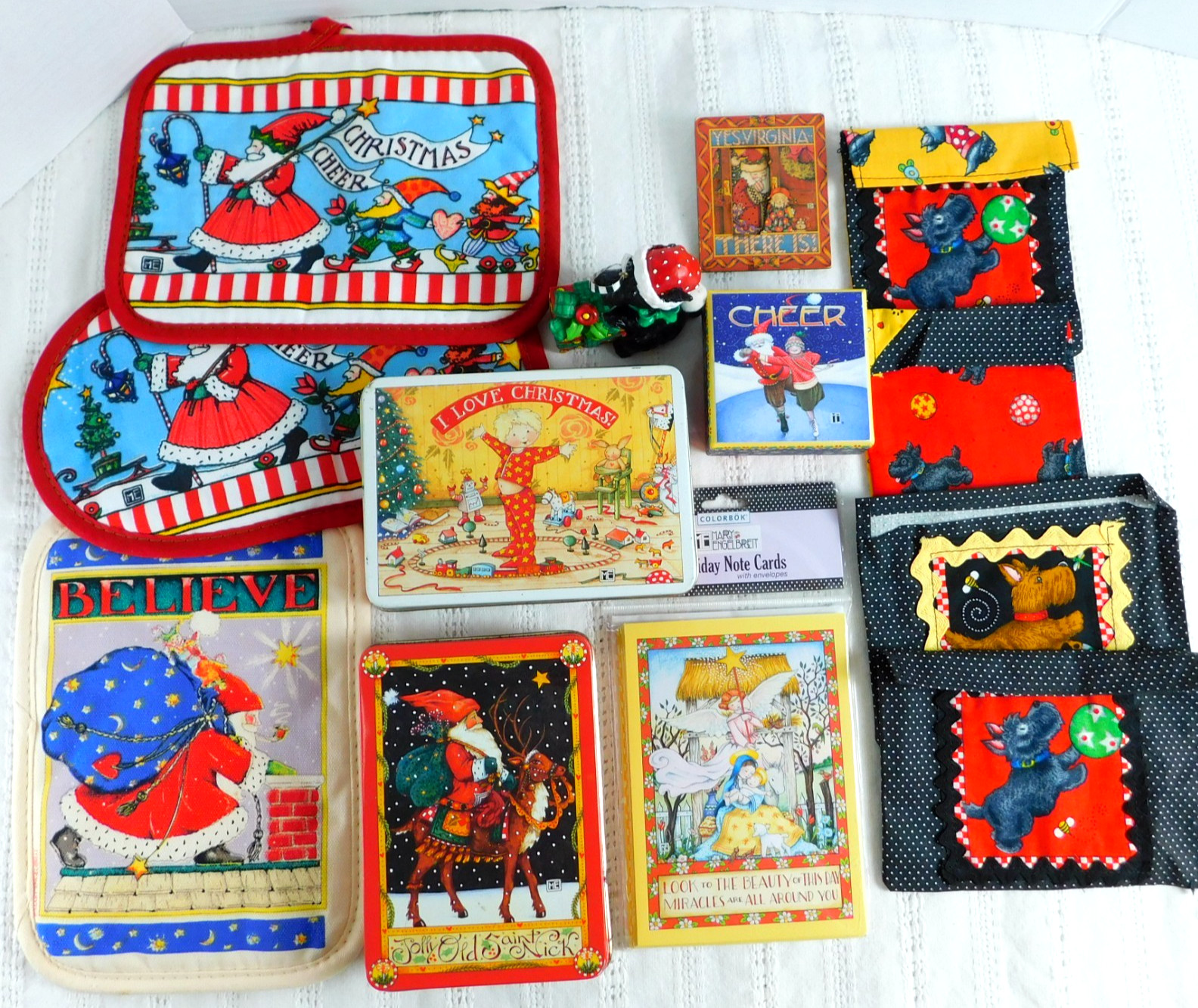 Mary Engelbreit Christmas Lot 14 Pcs Tins Ornament. Hot Pads, Cards Magnet Dogs