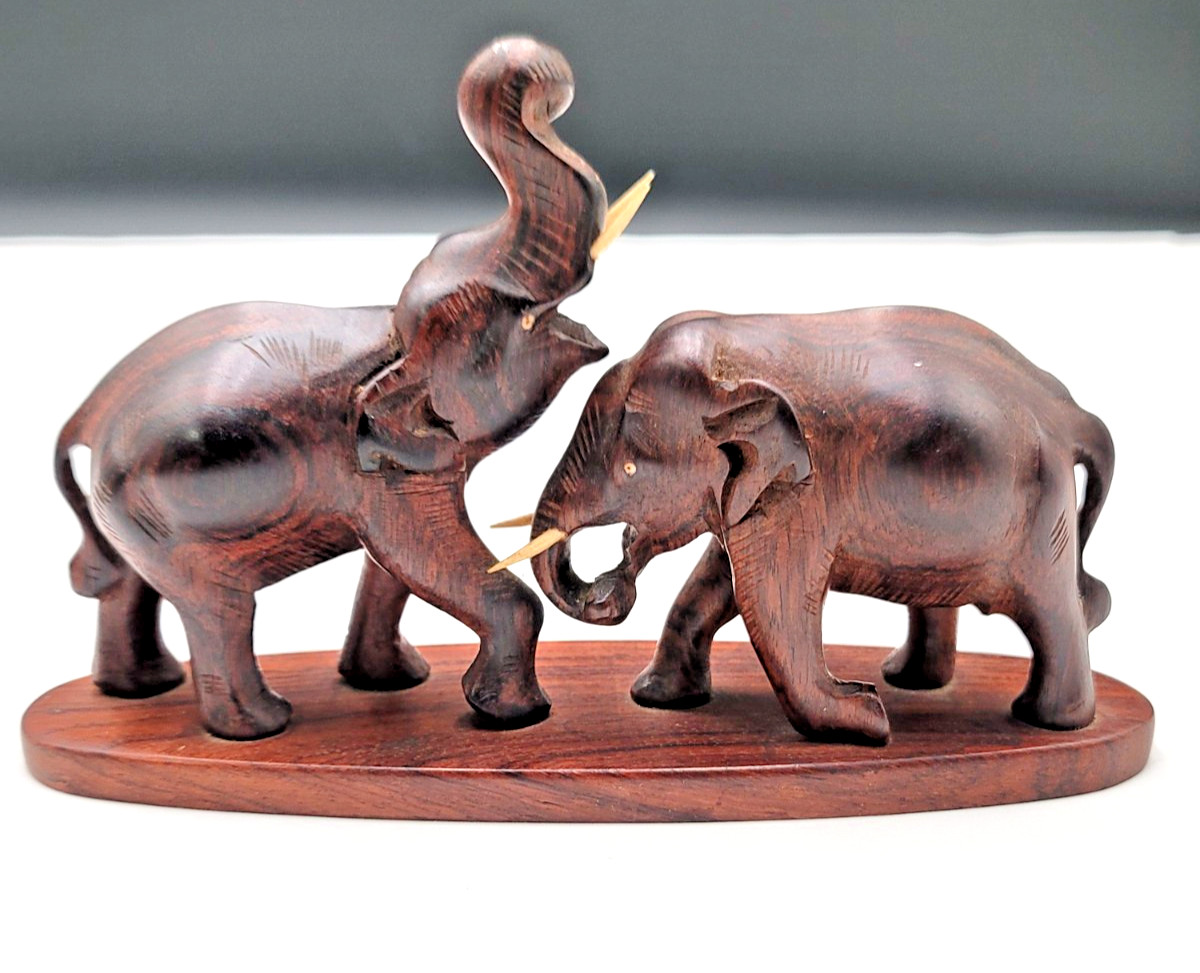 Vintage Carved Wood Elephant Figurine Statue of Two Elephants