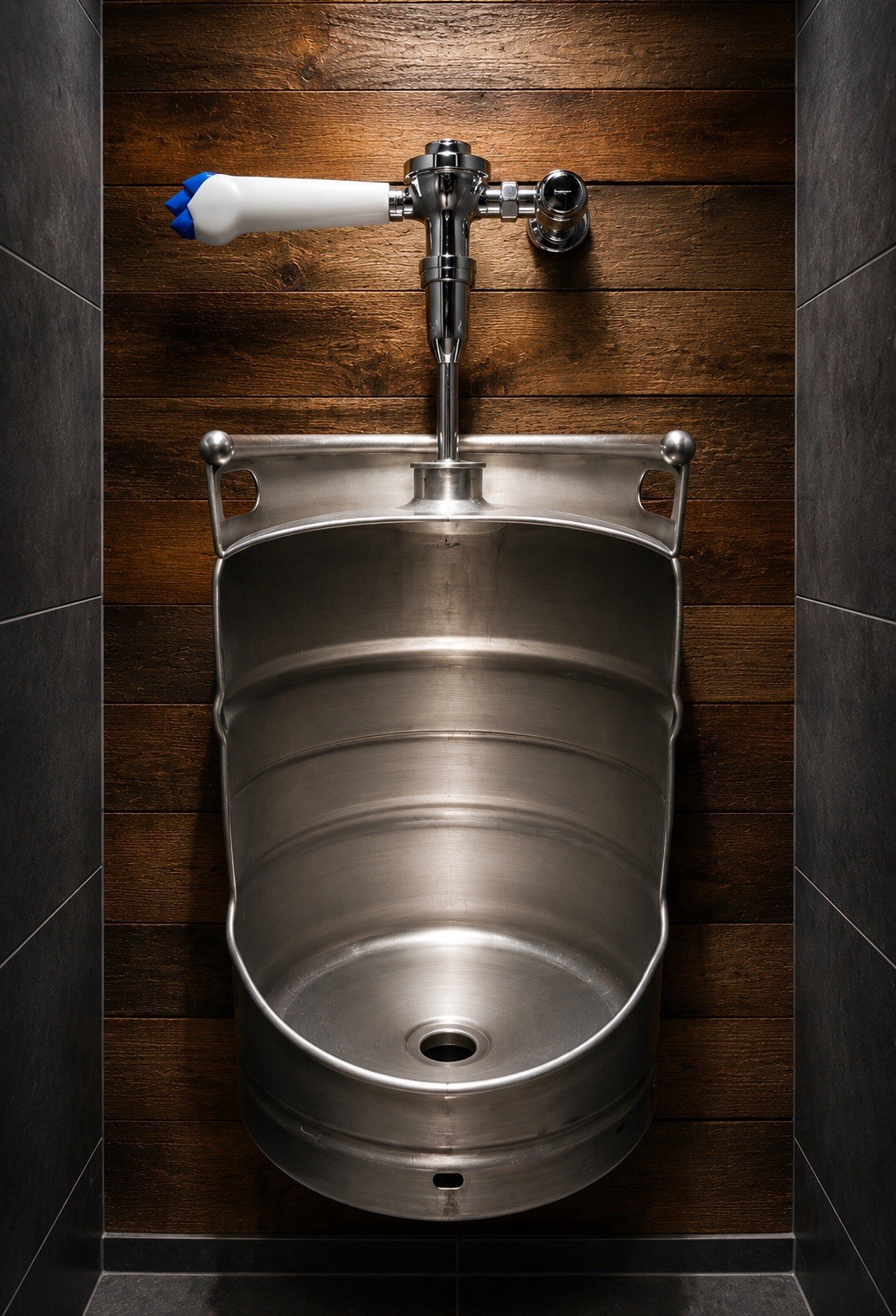 Custom Keg Urinal From Beer Keg with Top Manual Flush & Beer Tap Handle