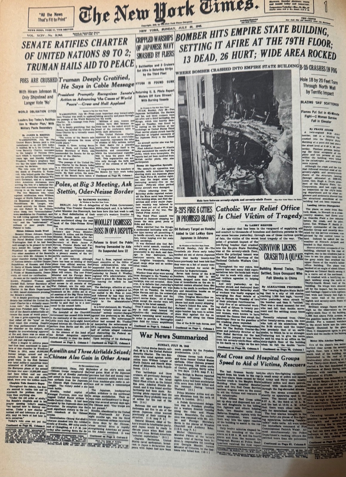 Vintage NYC 1945 EMPIRE STATE BLD BOMBER NEW YORK TIMES News Article Estate Sale