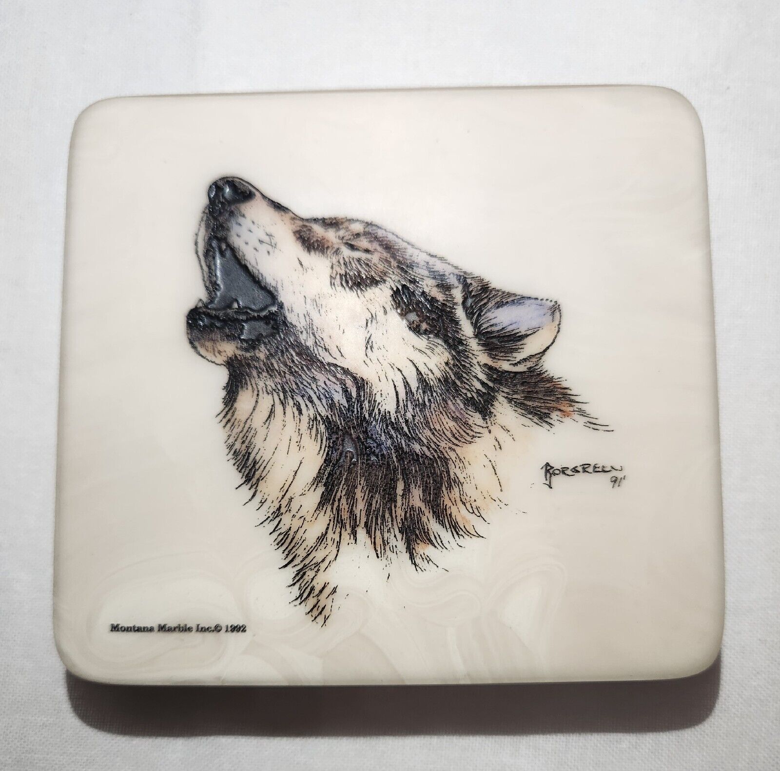 90s Wolf Collectible Etched Marble Slab Montana Marble Howling Retro 1992