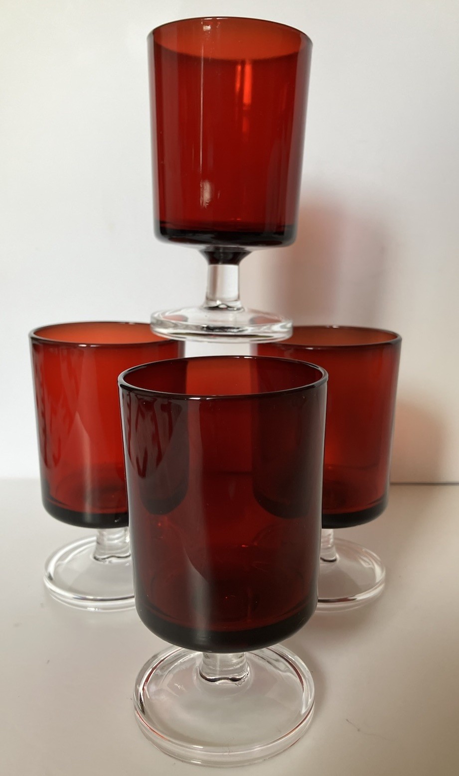 Vintage Ruby Red Wine Glasses (4) Cavalier Cristal D’ Argues- Durand 4 1/8 Inch
