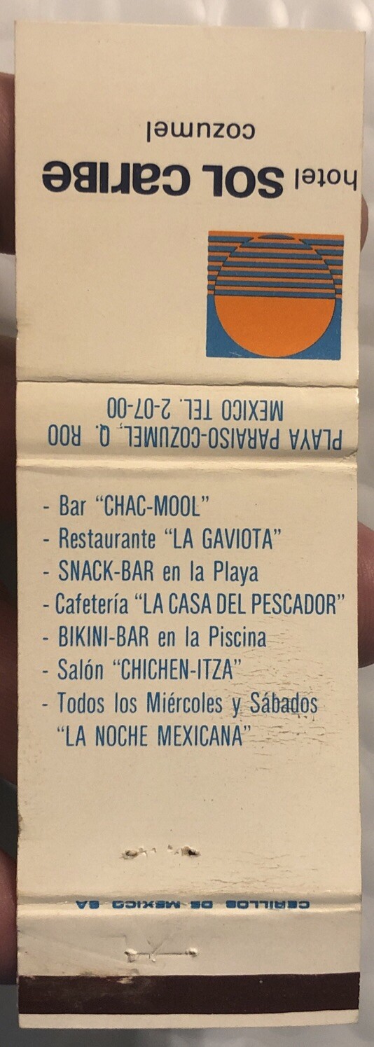 20 Strike Matchbook Cover - Hotel Sol Caribe Cozumel Mexico. Vintage