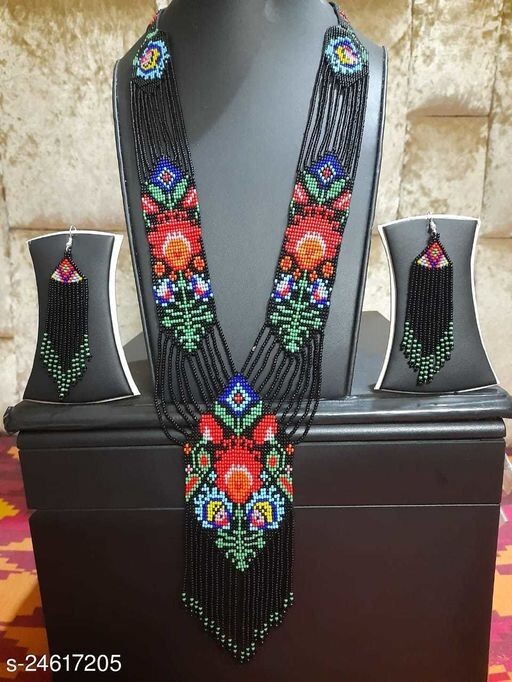 Huichol Indian Beaded Flower Necklace & Earrings Handmade Mexican Folk Art Boho