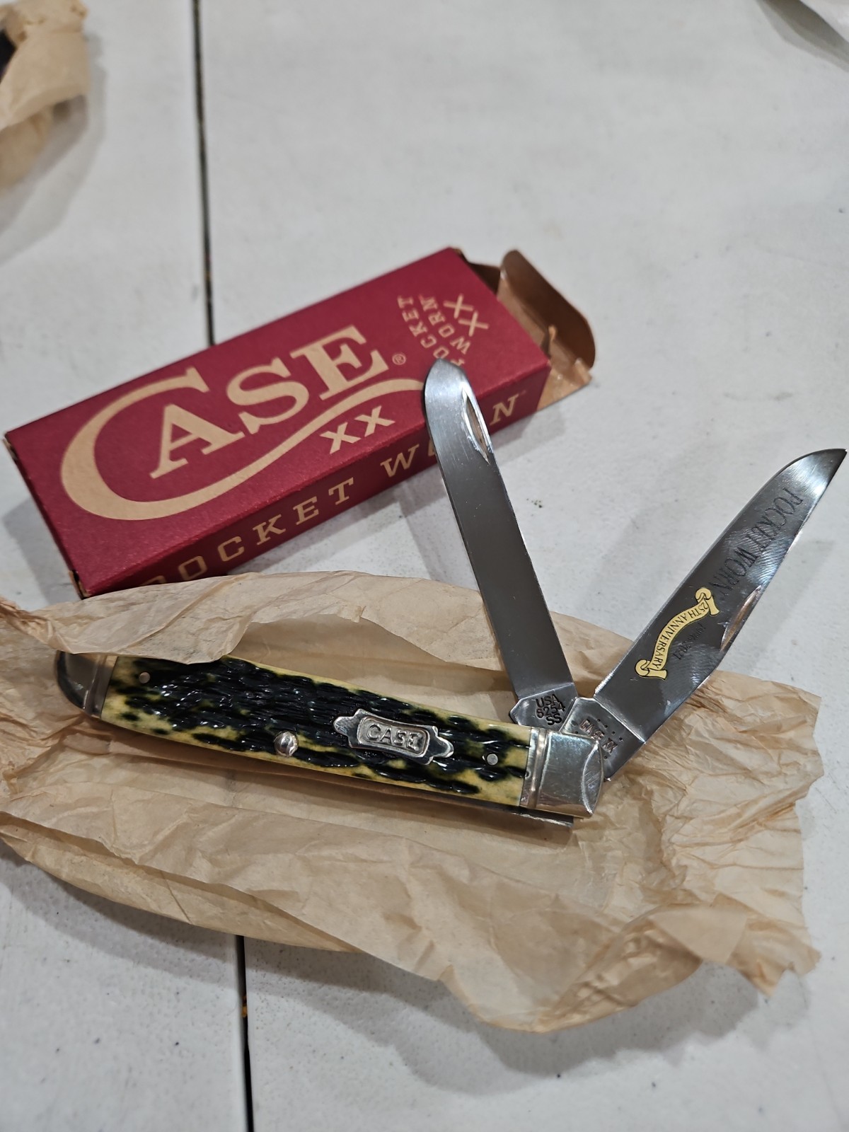 Case XX 6254 SS Pocket Worn 25th Anniversary Jigged Olive Green Bone Trapper