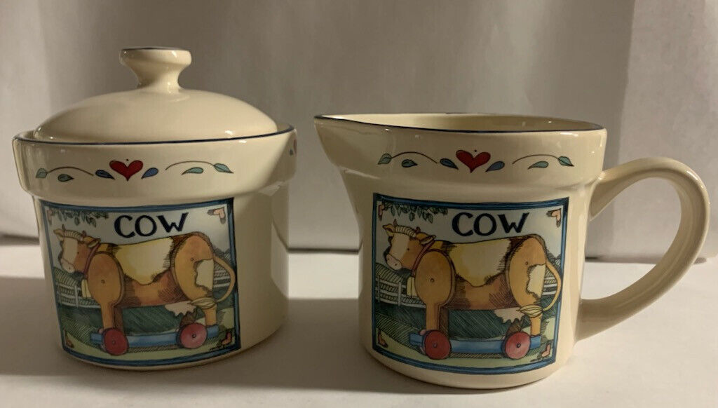 Ceramic Cream & Sugar Bowl by Susan Winget - Farmhouse Country Cow