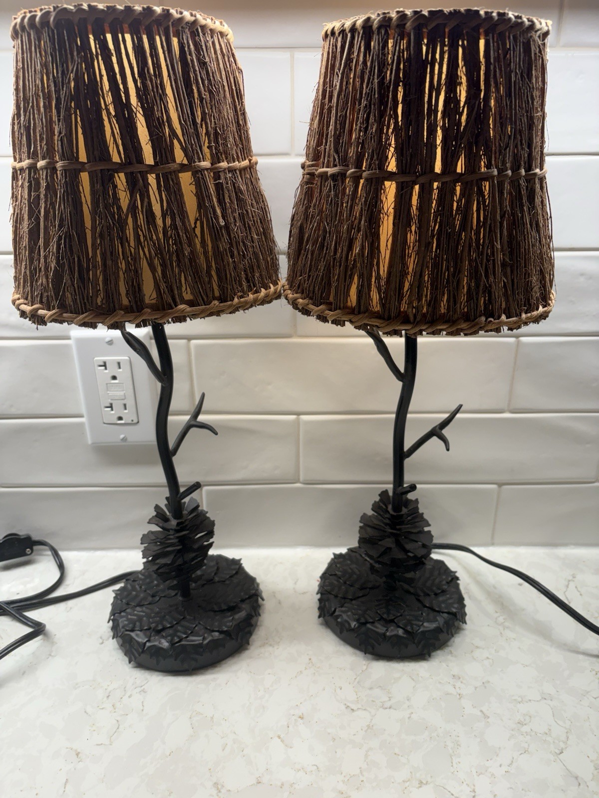 Vtg Pair Eddie Bauer Pine Cone Table Lamps Rust Twig Shades Lodge Cabin 2003
