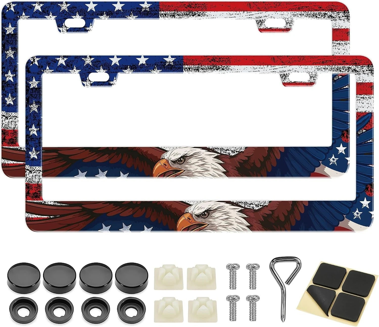 2 Pack Patriotic American Flag & Eagle Universal License Plate Frame