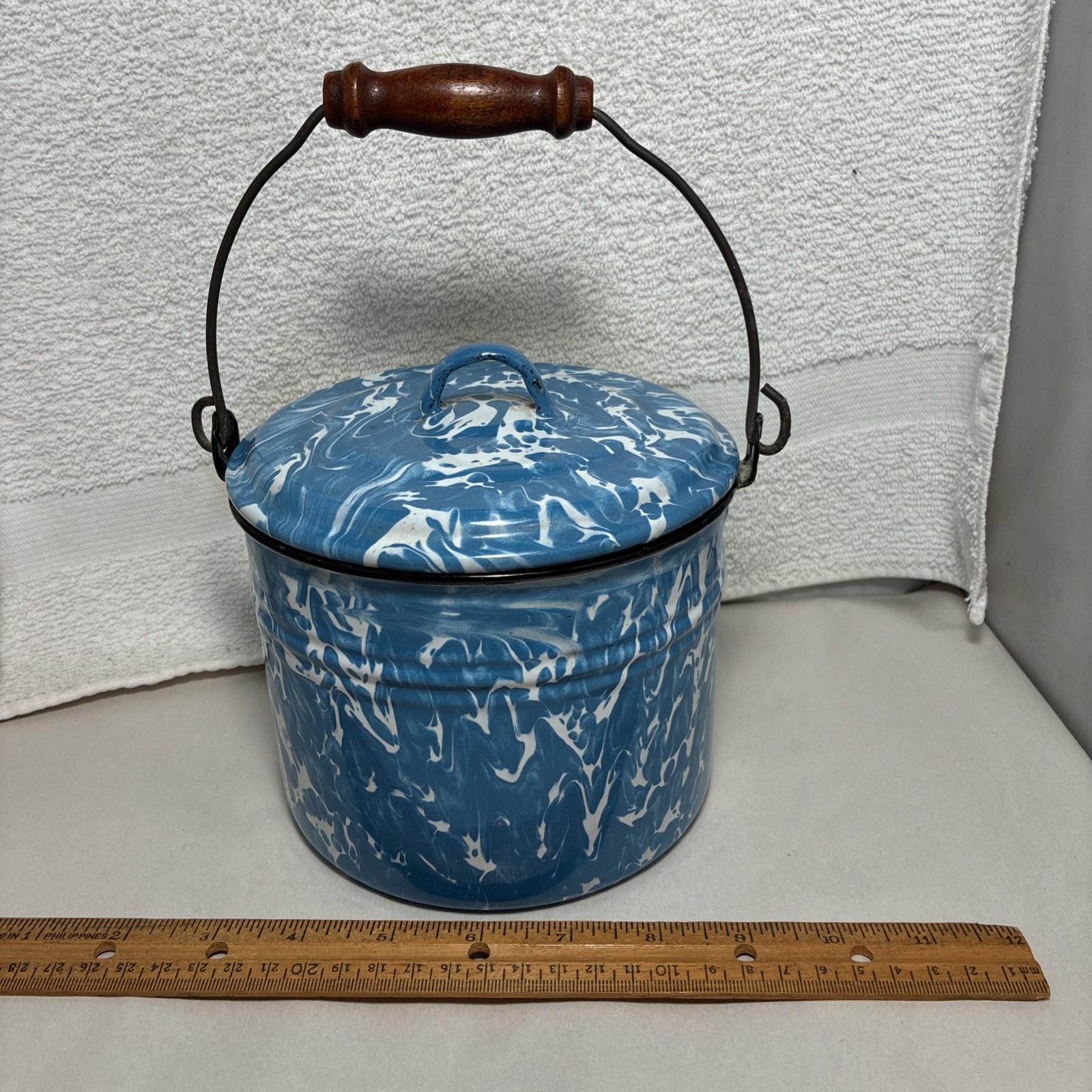 Vntg Blue Swirl Enamelware Graniteware Berry Bucket Miners Lunch Pail W Bail EX