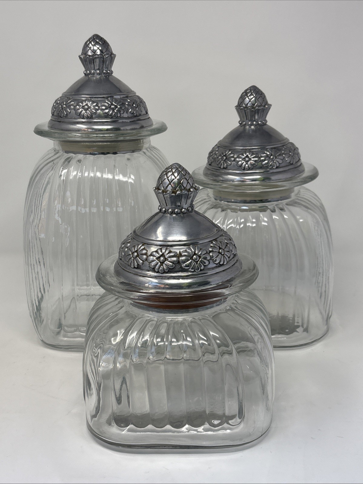 3 Artland Vintage Clear Ribbed Glass Apothecary Canisters Pewter Lids 5”,7” & 9”