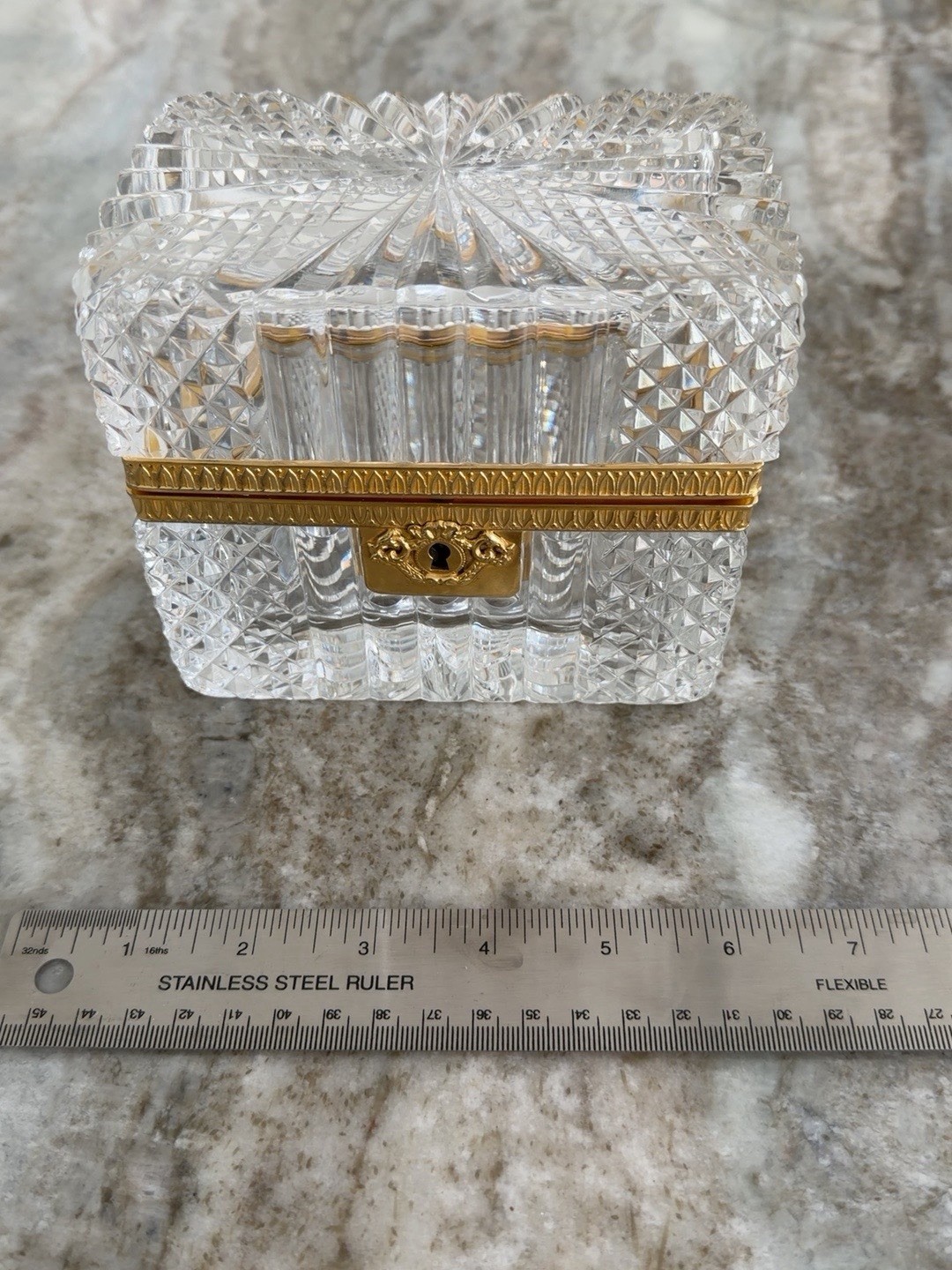 Vintage Crystal Glass Jewelry Casket Box Gold-Tone Trim Hinged Lid No Key