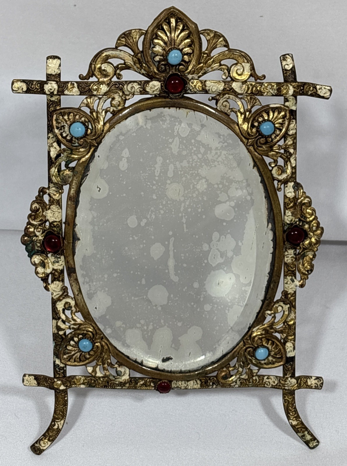Antique Jeweled Enamel Brass Bronze Ormolu Easel Frame Beveled Glass Desk Mirror