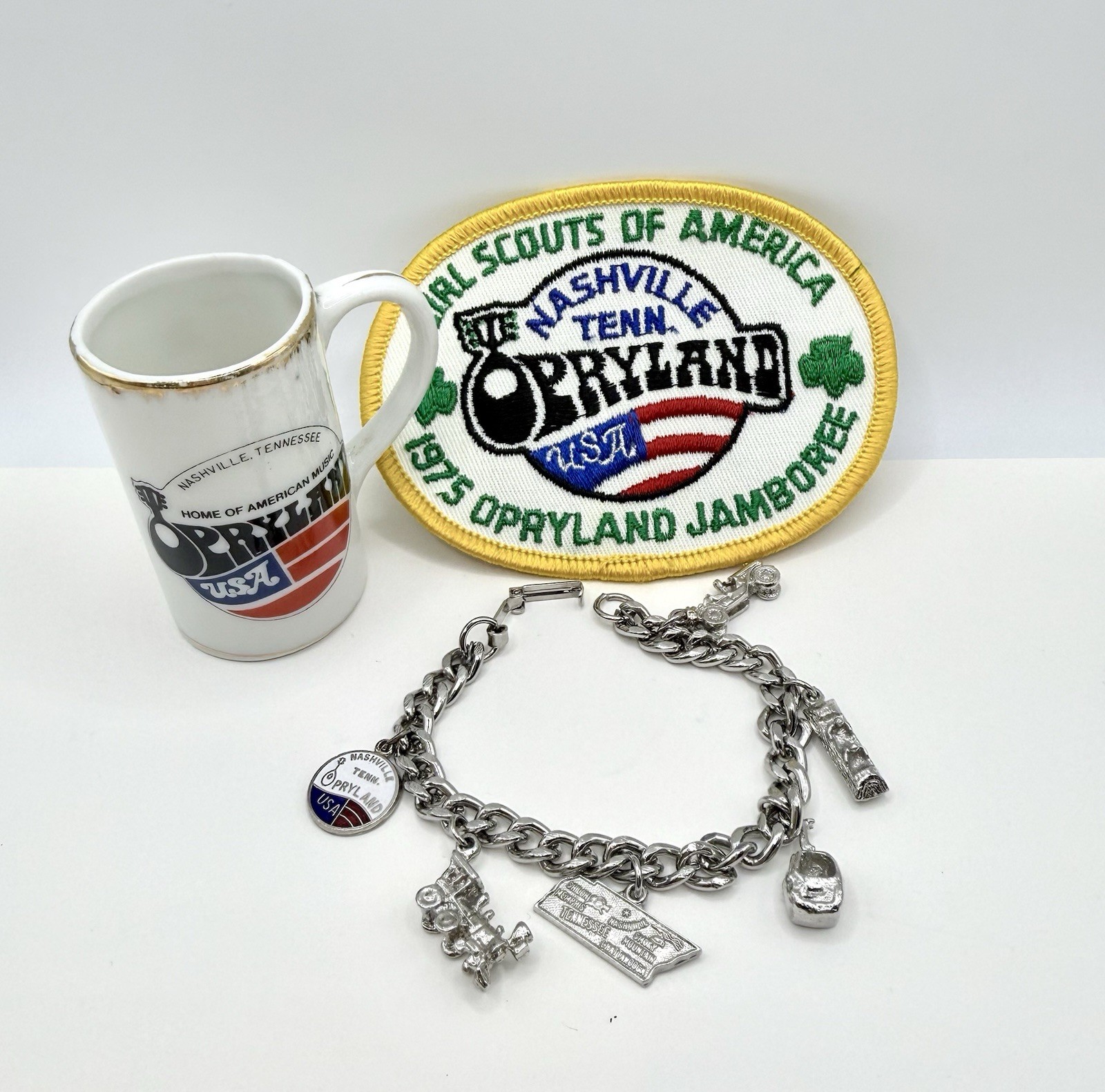 Vtg 1975 Opryland USA Souvenir Lot Charm Bracelet Rx Mini Mug Girl Scout Patch