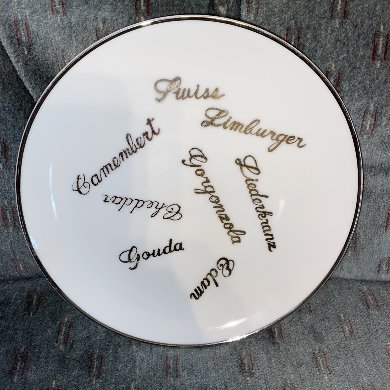 China Cheese Plate 22kt Gold Cheese Names & on brim 6