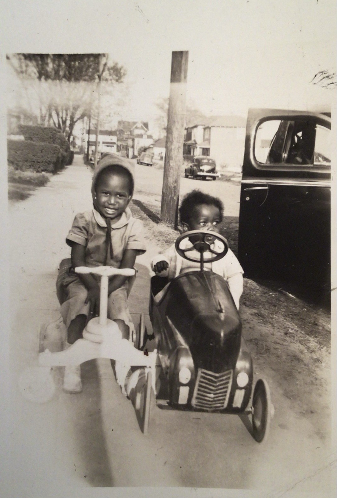 1940’s PHOTO Two Young Kid Riding Pedal Cars African American Black