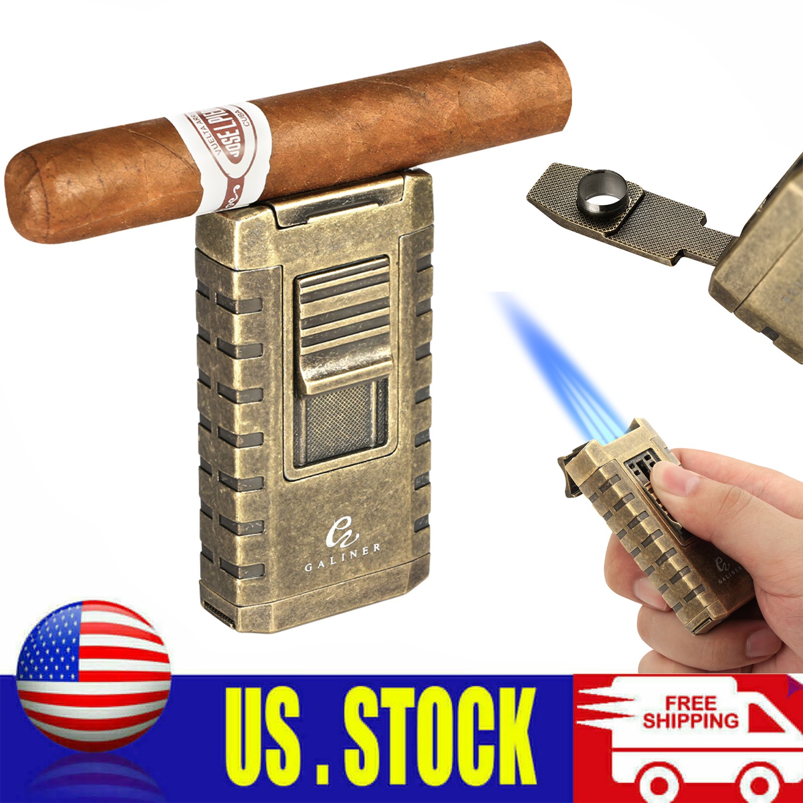 Galiner Travel 3 Jet Torch Flame Cigar Lighter With Gift Box Cigar Punch Holder