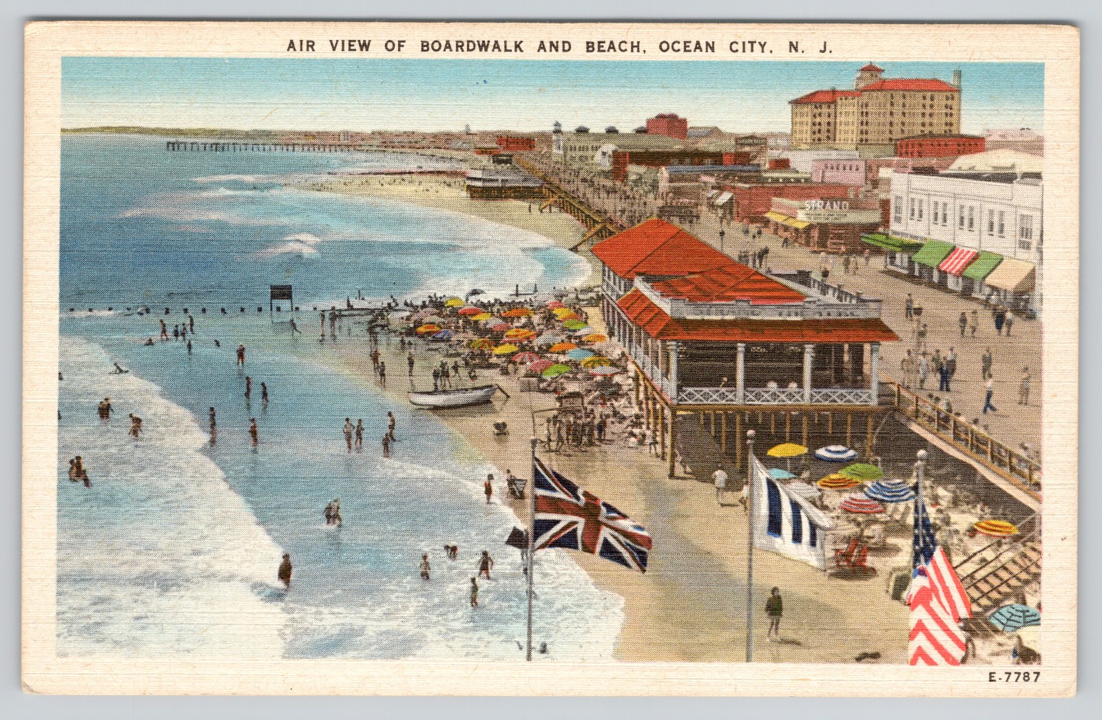 Ocean City NJ Postcard Air View Boardwalk and Beach Scene New Jersey Linen