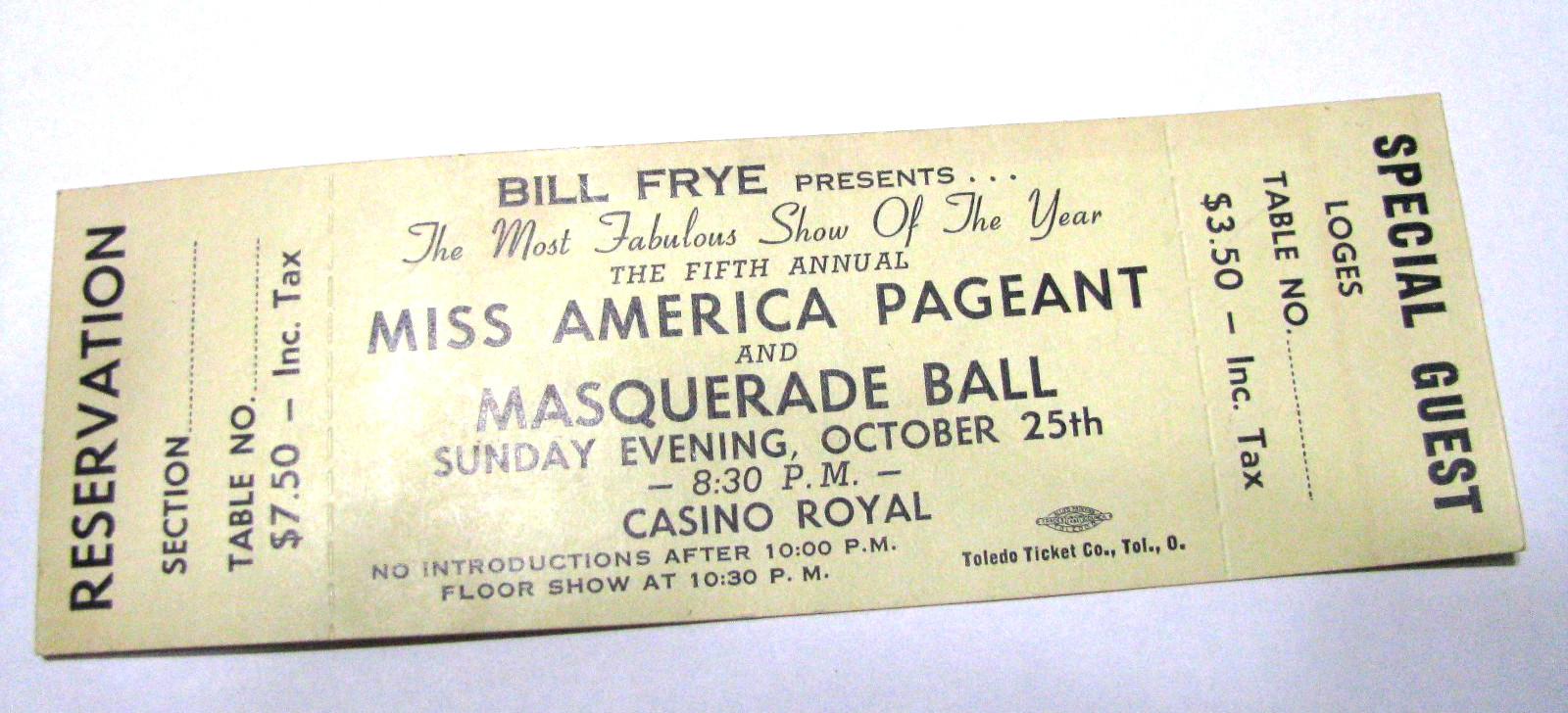 Vint 1964 Gay America Pageant UNUSED Special Guest Ticket Bill Frye Casino Royal