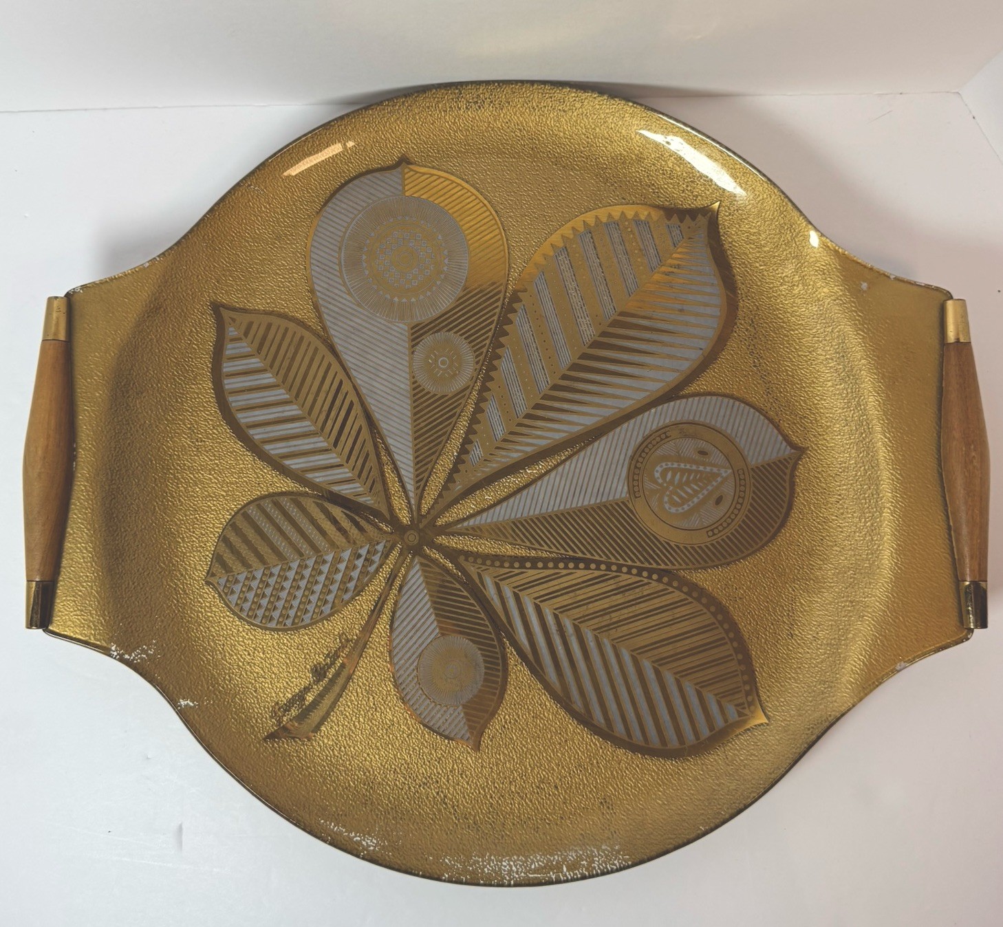 Vintage Georges Briard Gold Glass Tray Chestnut Leaf Midcentury 16x14 Barware