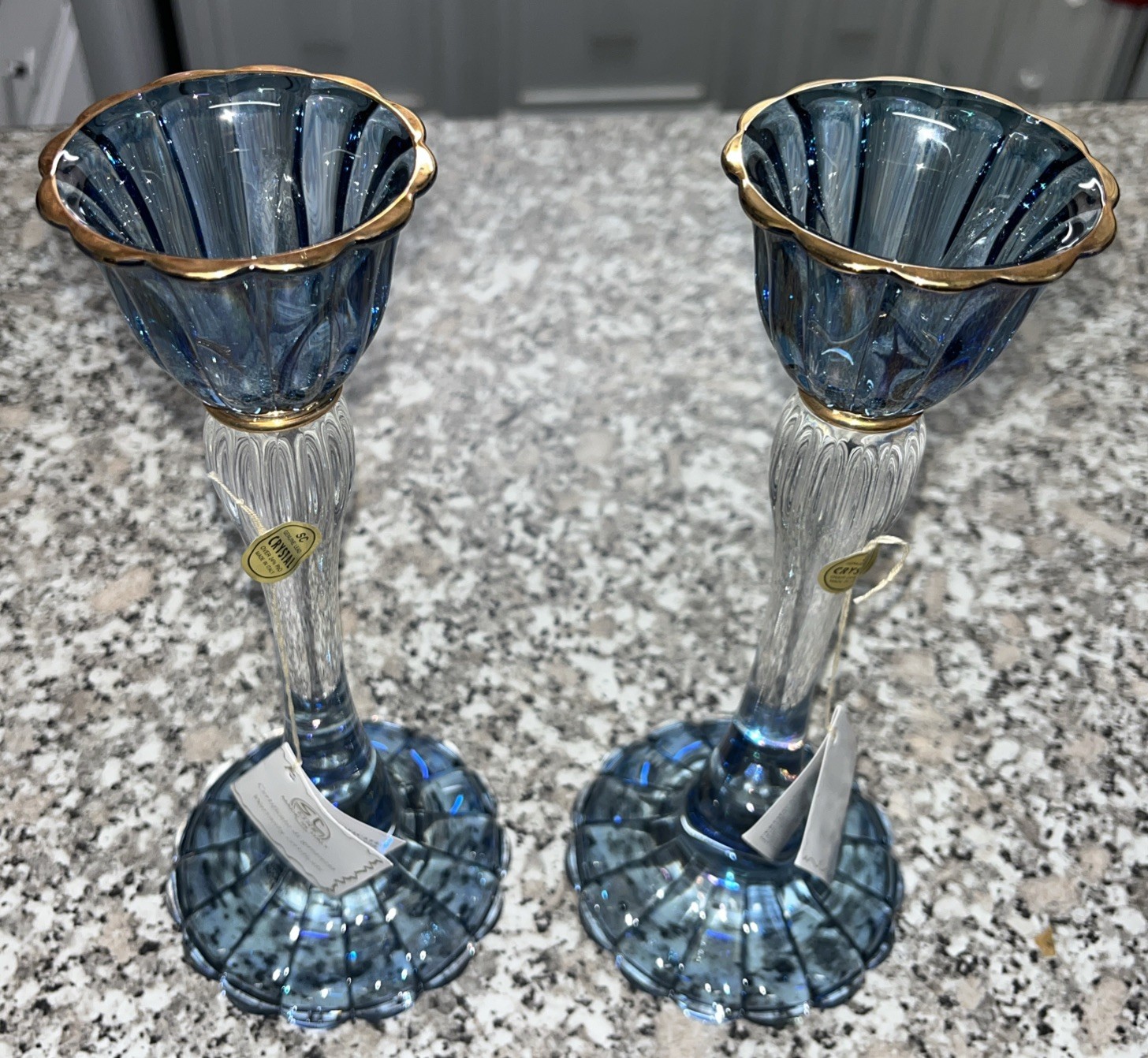 Vintage Sc Genuine Lead Crystal Marano Blue Pair Of Candlestick Holders