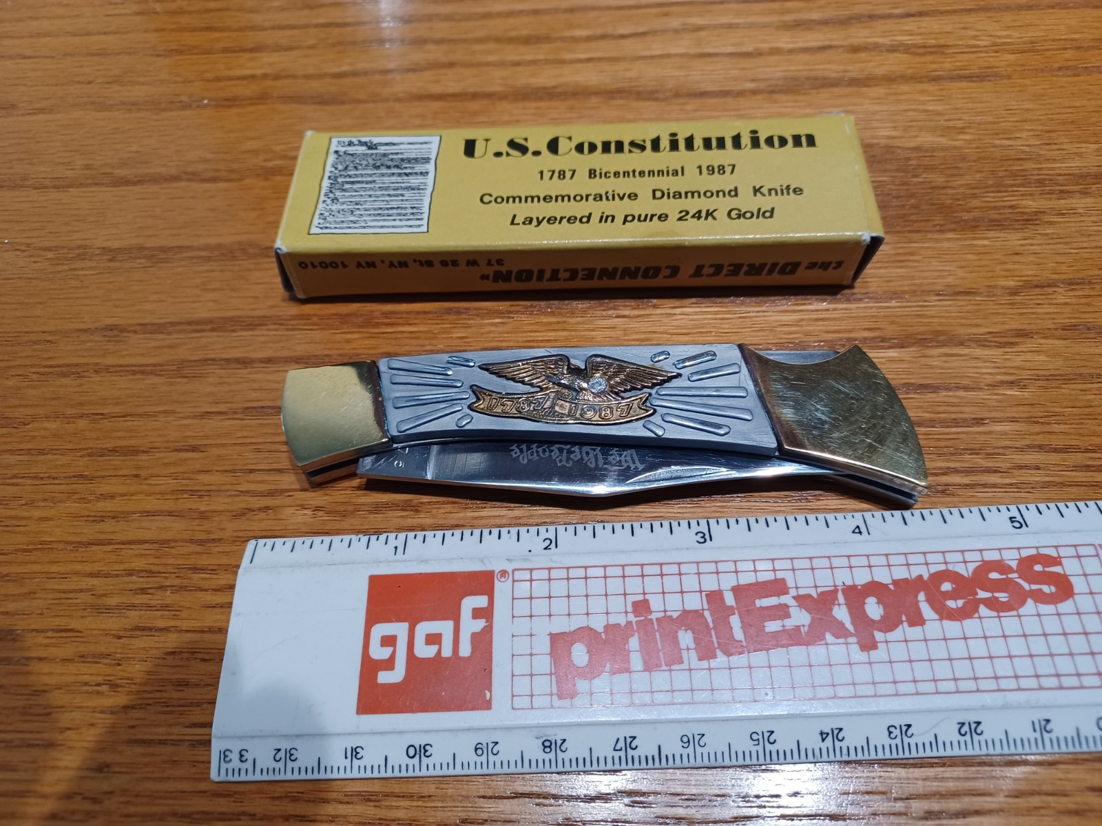 Vintage 1987 Commerative Diamond Knife. Layered in 24K gold. Stainless blade,