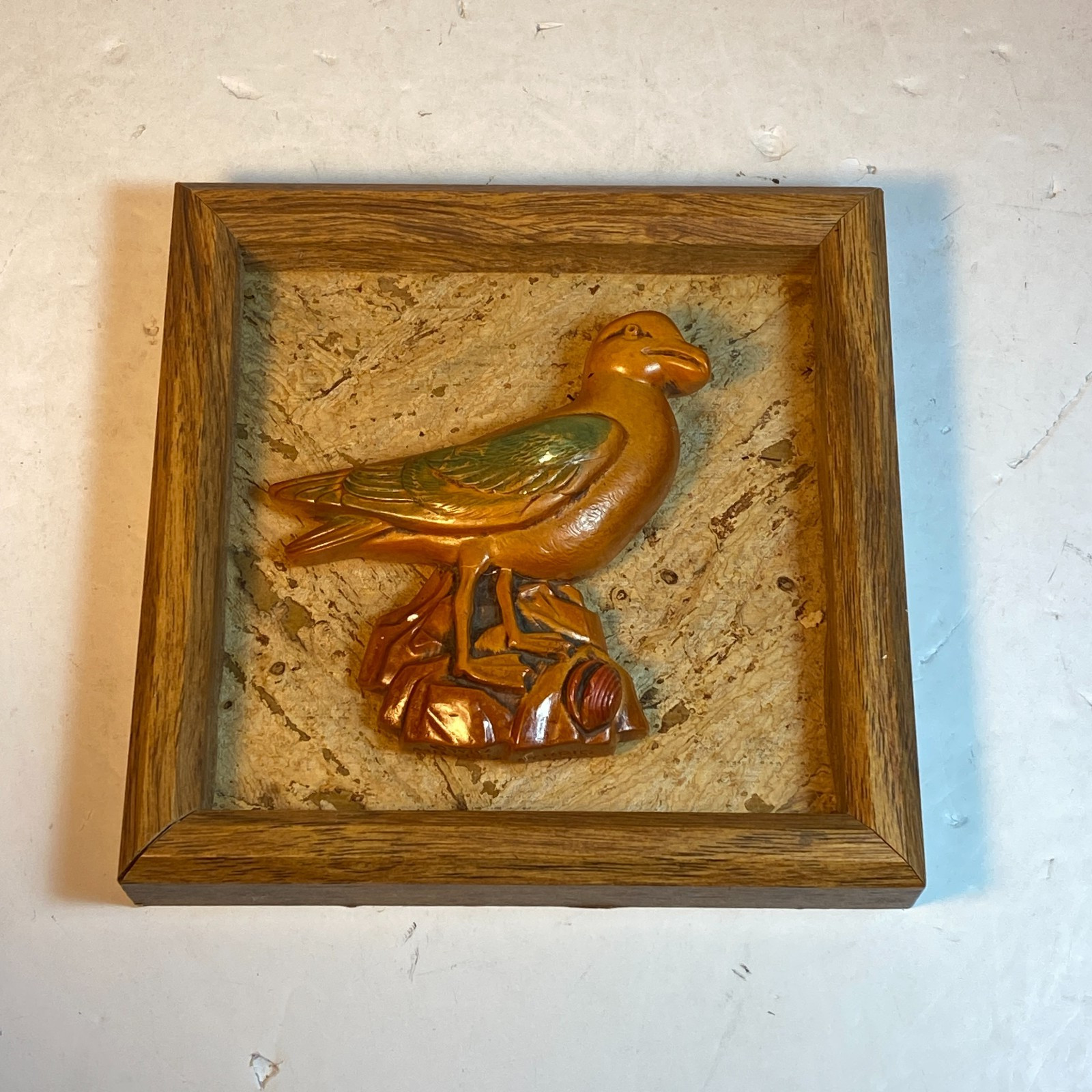Vintage Carved Wood Bird Wall Art Framed 3D Shadow Box Rustic Folk Art 7x7