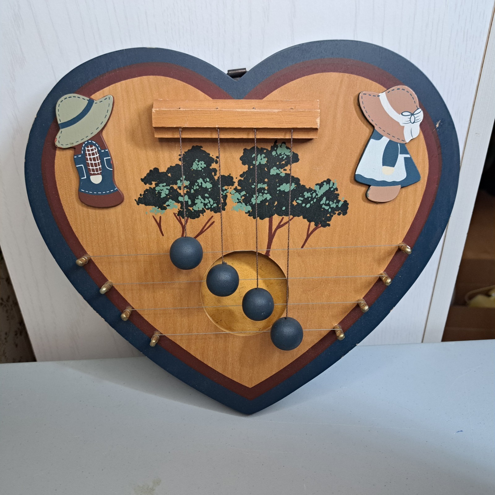 Vtg Wooden Heart Shaped Door Chimes Harp Cottagecore Folk Art Wall Decor 80s