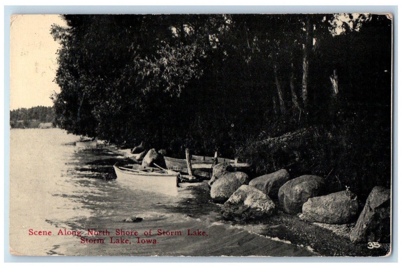 1915 Boat Scene Along North Shore Of Storm Lake Iowa IA Antique Postcard