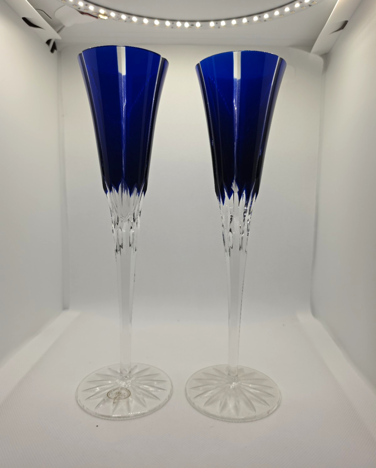 Ajka Crystal Hungary Cobalt Blue Cut to Clear Champagne Flutes Glasses 10