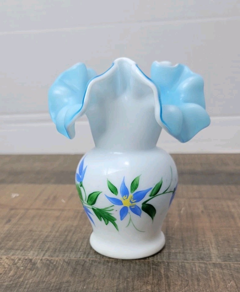 Vintage Kanawha Hand Painted Satin Glass Vase With Ruffled Trim Blue Inside 5\