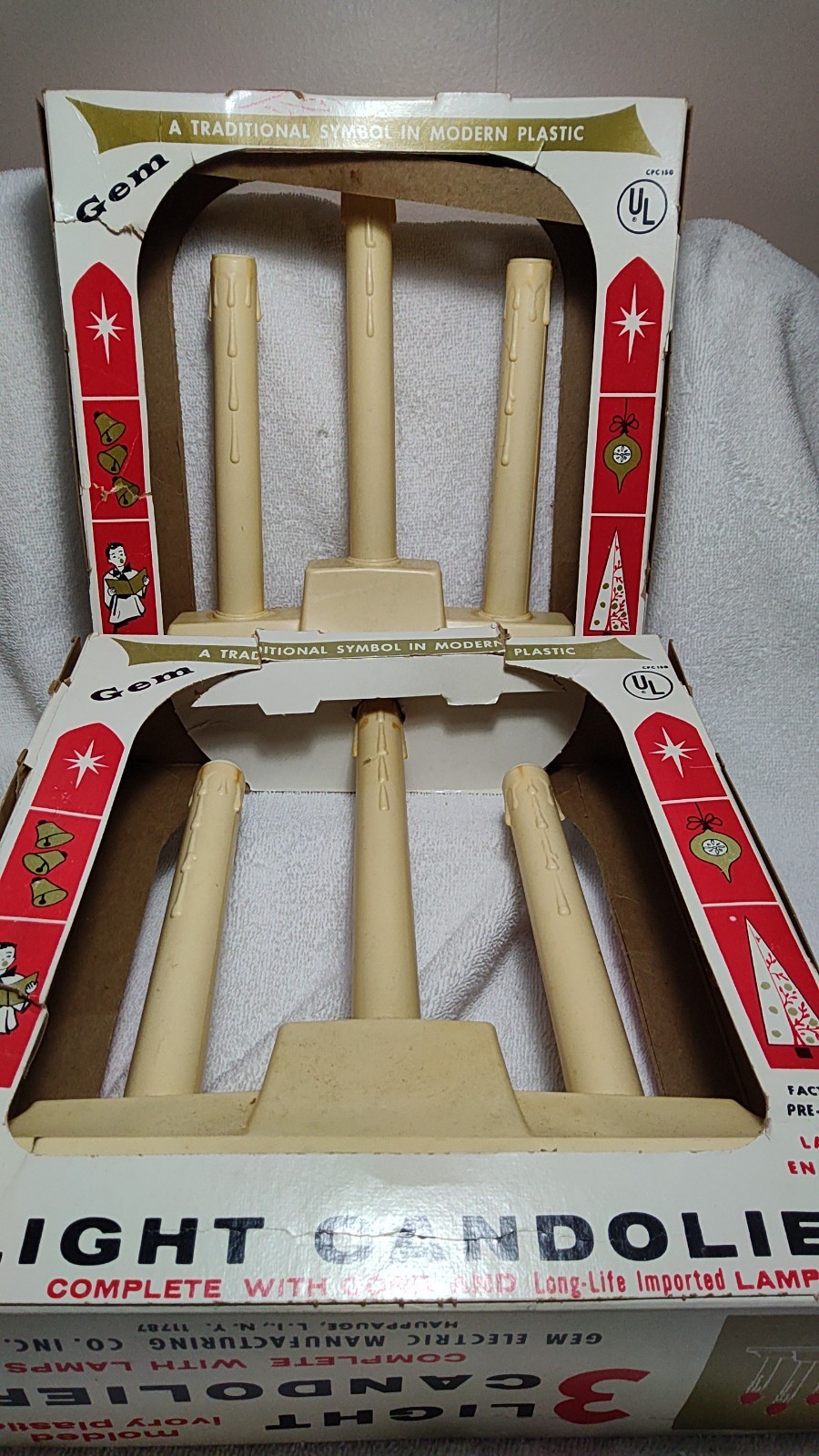 2 VTG GEM Christmas Window 3 Light Electric Candolier w/Orig. Box WORKS