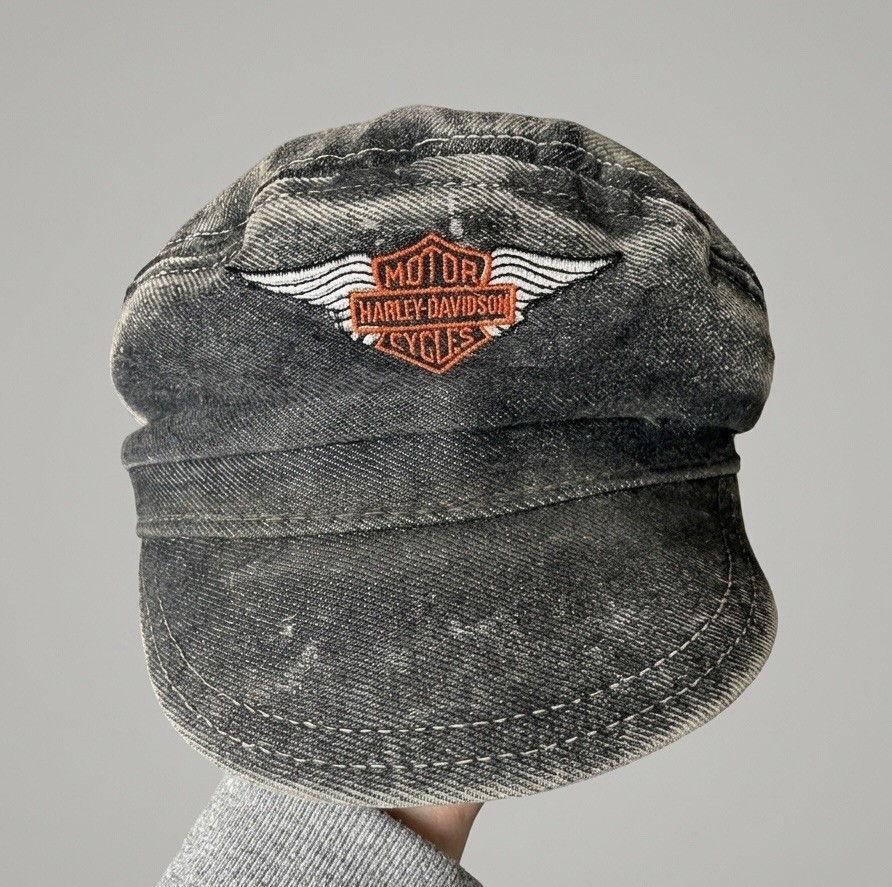 Vintage 90s Harley Davidson Hat Acid Wash Denim Cadet Fiddler Cap USA One Size