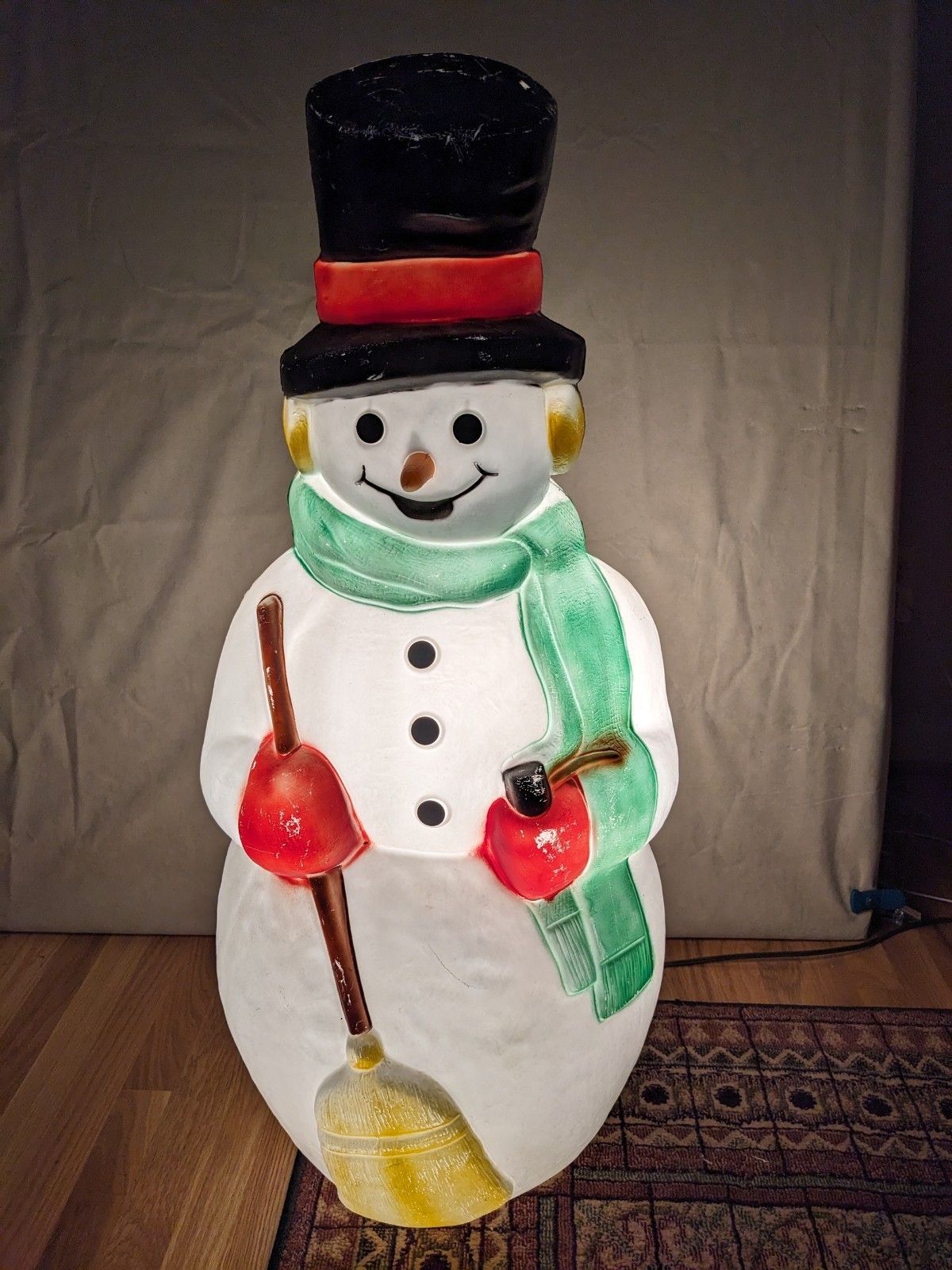 38” Vintage Empire Snowman Broom Carrot Nose Blow Mold Lighted Christmas WORKS