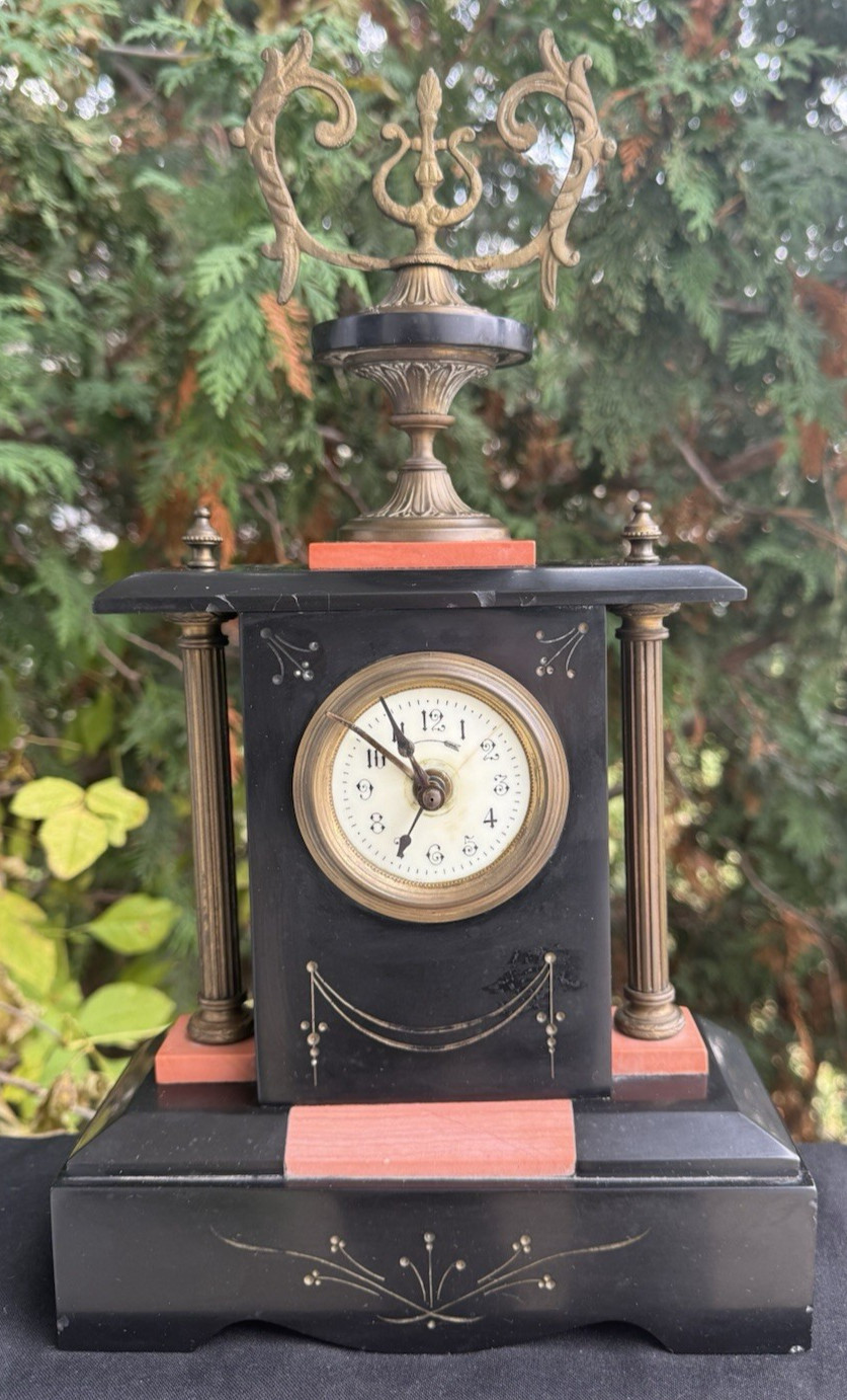 Antique C 1870s - 1880s French Slate & Marble Novelty ALARM / Mantle Clock VIDEO