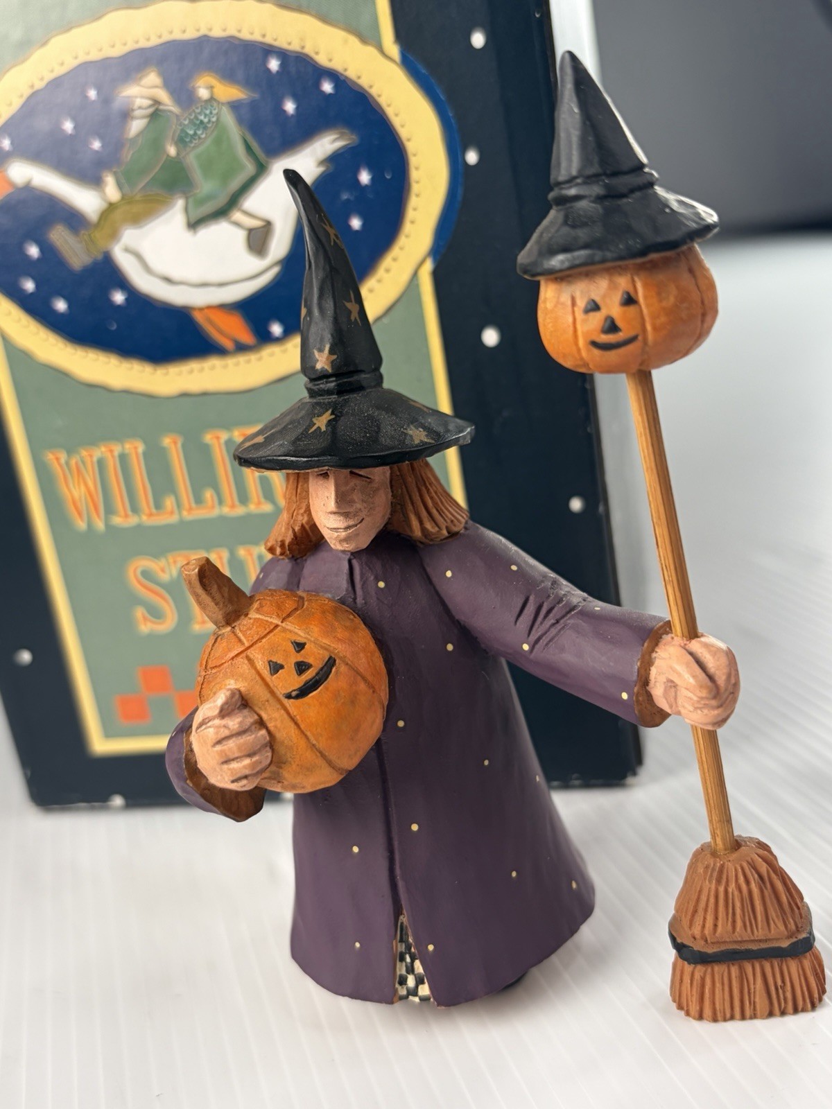 Vintage Halloween Witch w/ Pumpkin & Broom Stick 1999 Williraye Studio WW6003
