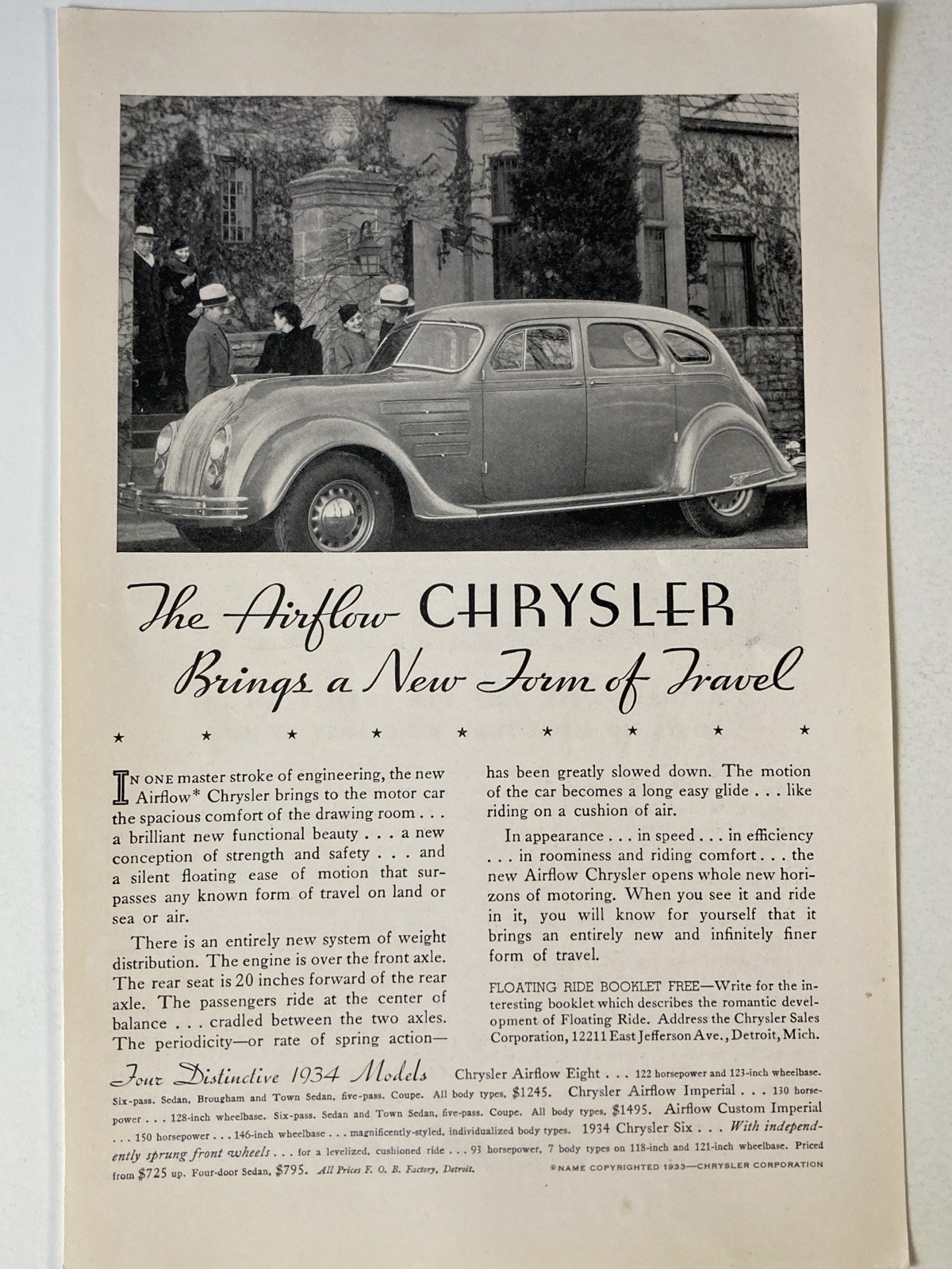 1934 Chrysler Airflow Print Ad Eight Imperial Town Sedan Brougham