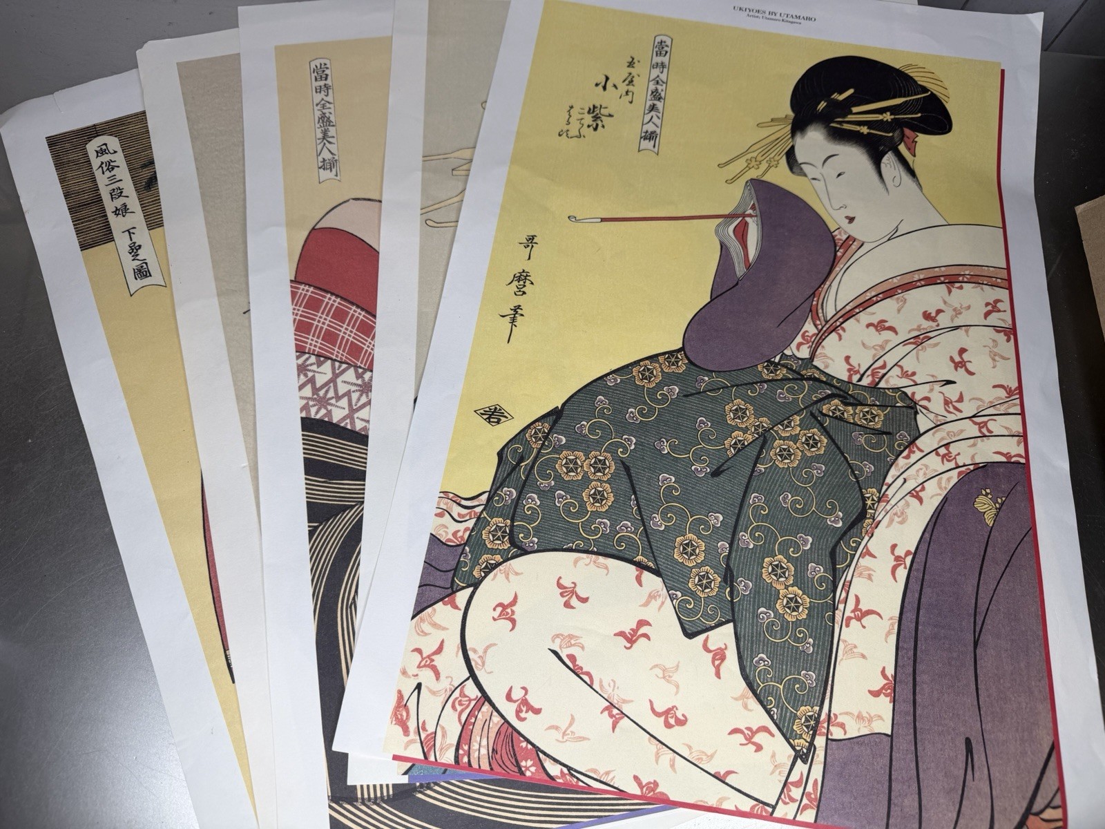 Vintage Ukiyoes By Utamaro Japanese Ukiyo-e Women Prints Set Of 5 19.5x13.5in