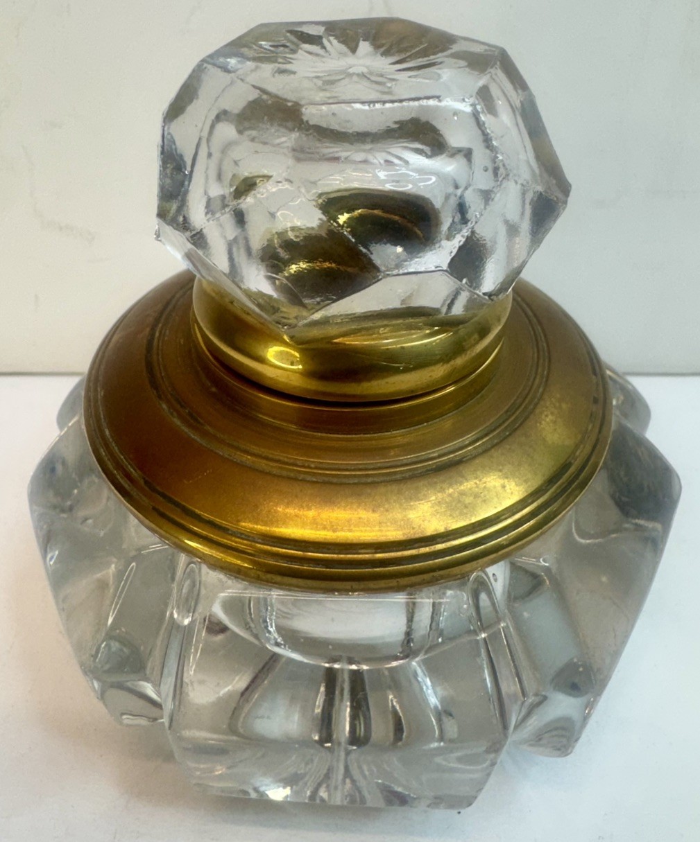 Large Antique Victorian Molded Glass & Brass Hinged Faceted Lid Round Inkwell Large Antique Victorian Molded Glass & Brass Hinged Faceted Lid Round Inkwell