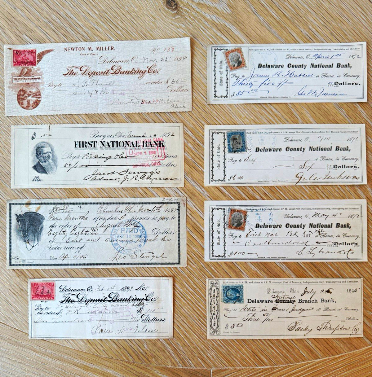 Lot of 8 Antique Ohio Bank Checks/Drafts 1866-1897 w/ Revenue Stamps