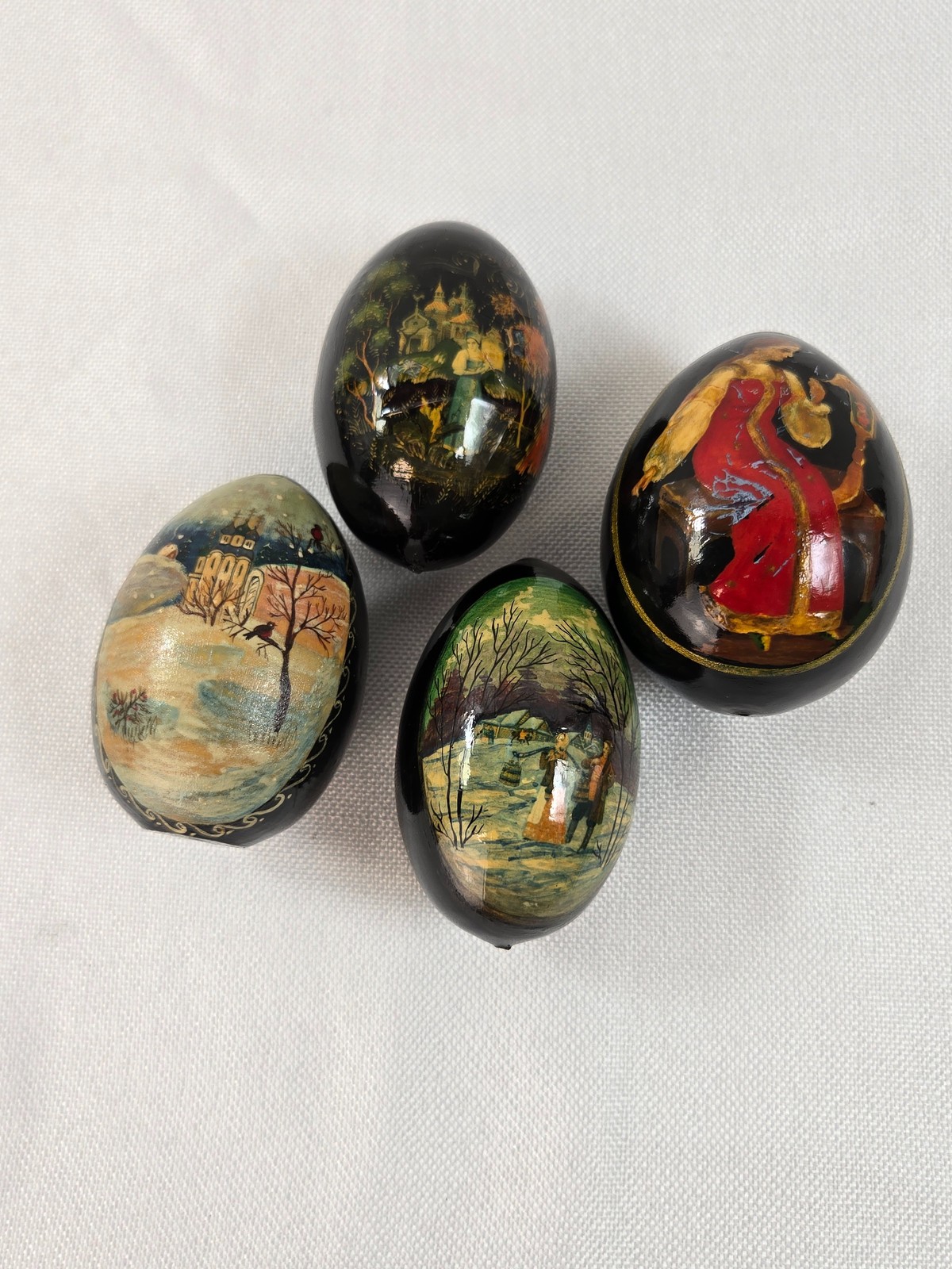Vintage Russian Hand Painted Lacquer Wood Eggs Set of 4 Winter Scenes Folk Art