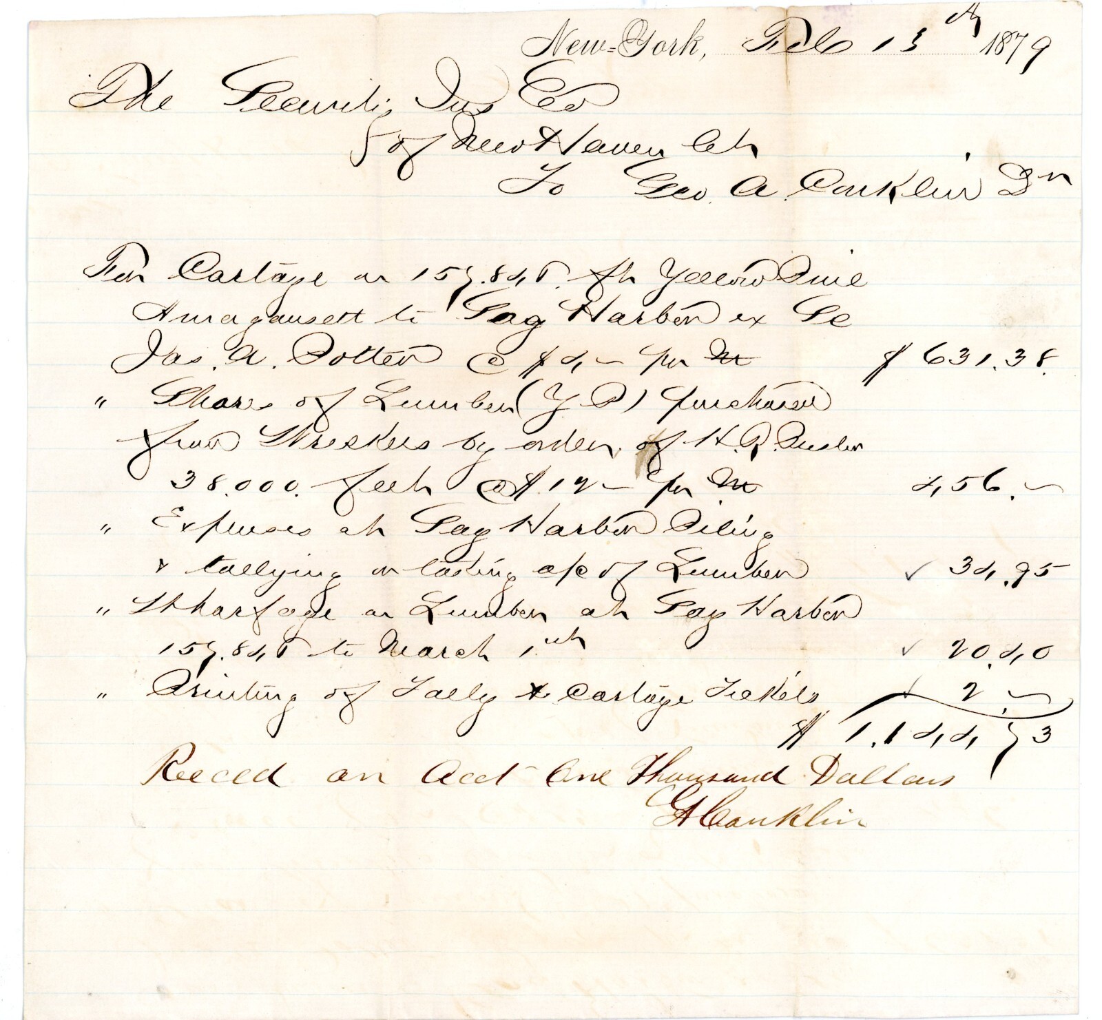1879 Handwritten Timber Shipment Invoice New York to Sag Harbor signed G Conklin