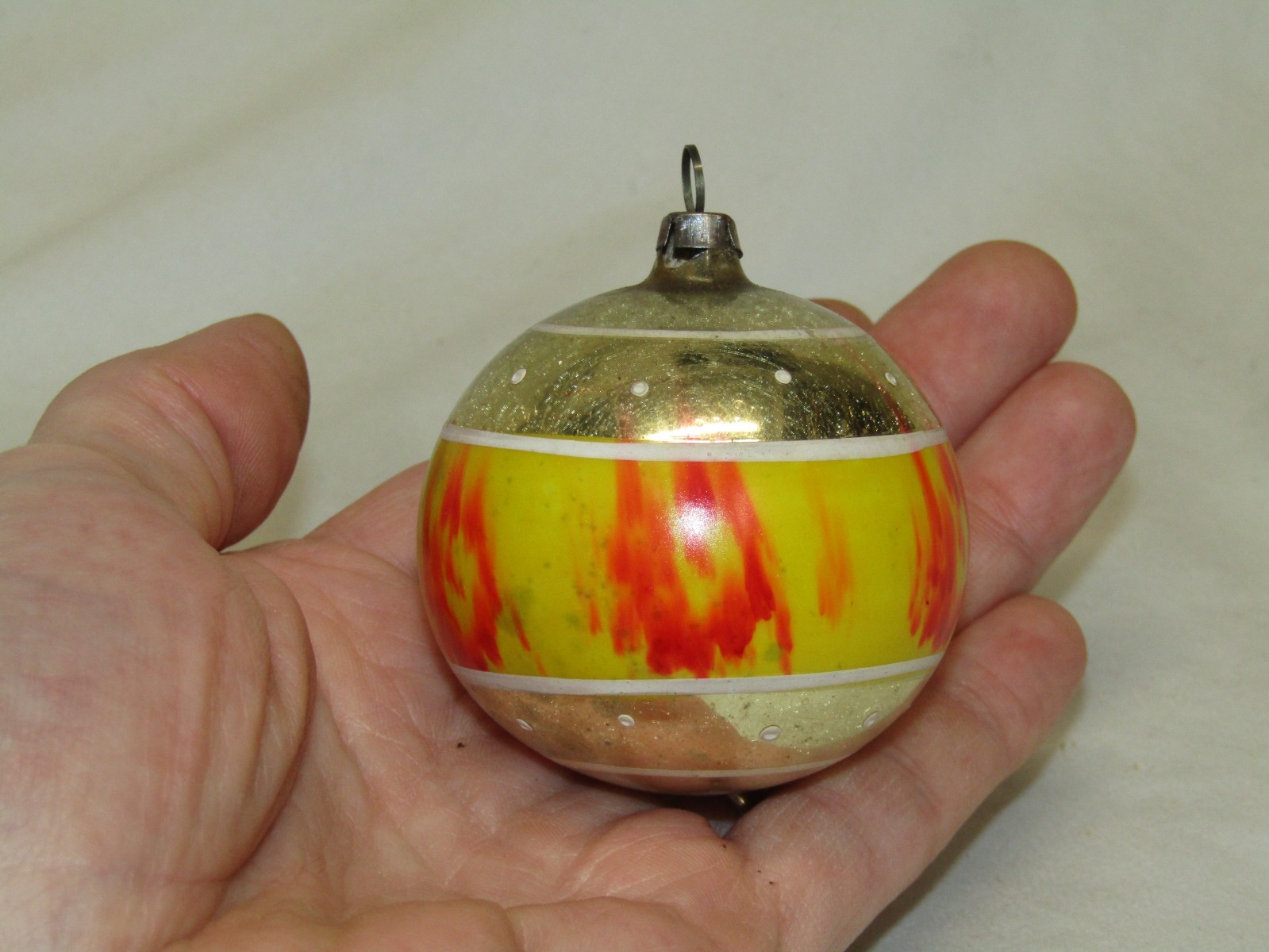 German Antique Glass End of Day Vintage Striped Ball Christmas Ornament 1930\'s
