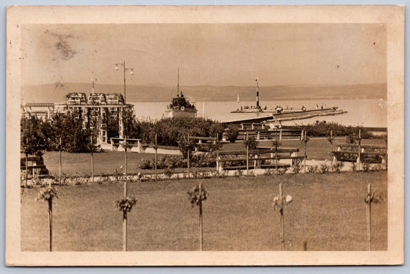 K62/ Hungary Foreign Postcard c1910 Siofok Park Ships Harbor Buildings 213